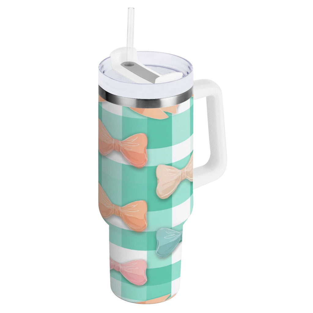40 oz Insulated Stainless Steel Tumbler Double Wall Stainless Steel Tumbler with 2-Way Drinking Pastel Green and Peach Bows 0XYS