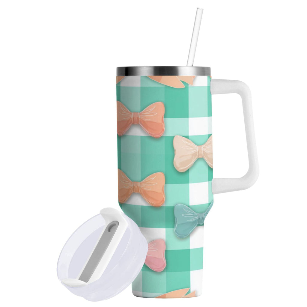 40 oz Insulated Stainless Steel Tumbler Double Wall Stainless Steel Tumbler with 2-Way Drinking Pastel Green and Peach Bows 0XYS