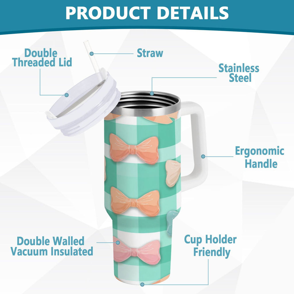 40 oz Insulated Stainless Steel Tumbler Double Wall Stainless Steel Tumbler with 2-Way Drinking Pastel Green and Peach Bows 0XYS