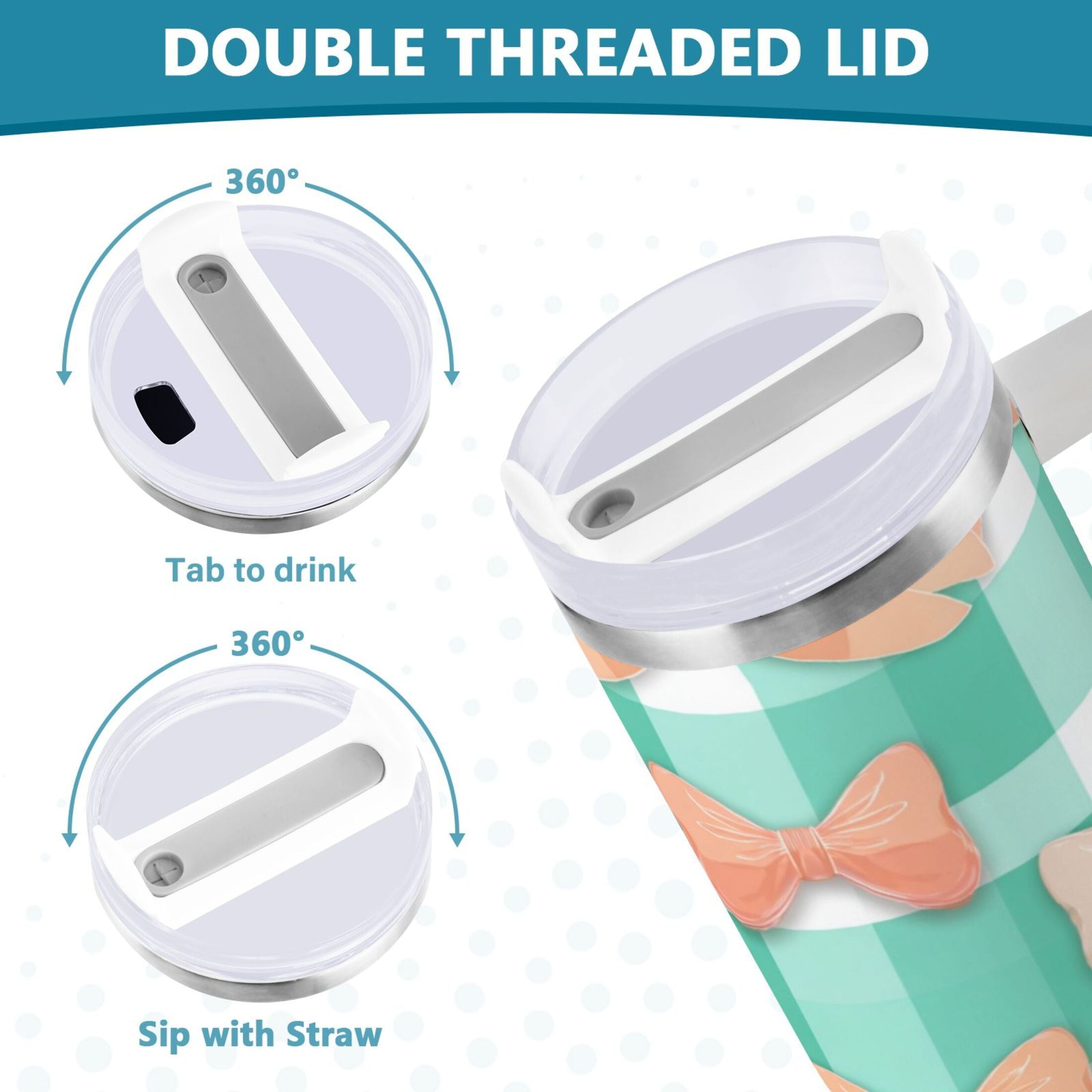 40 oz Insulated Stainless Steel Tumbler Double Wall Stainless Steel Tumbler with 2-Way Drinking Pastel Green and Peach Bows 0XYS