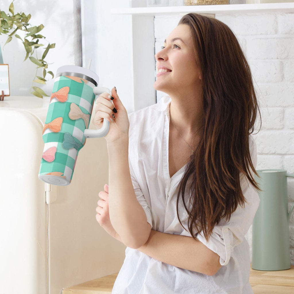40 oz Insulated Stainless Steel Tumbler Double Wall Stainless Steel Tumbler with 2-Way Drinking Pastel Green and Peach Bows 0XYS