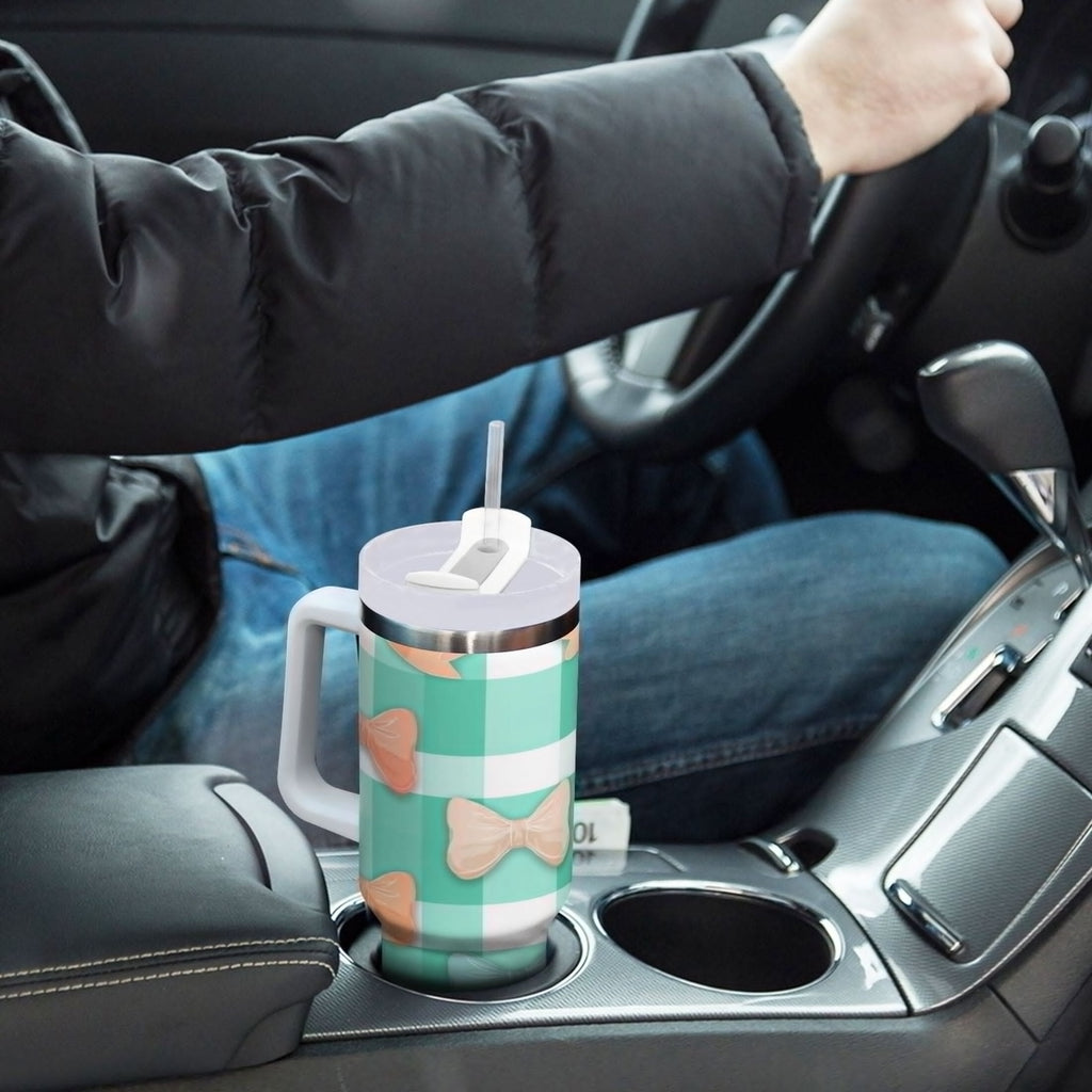 40 oz Insulated Stainless Steel Tumbler Double Wall Stainless Steel Tumbler with 2-Way Drinking Pastel Green and Peach Bows 0XYS