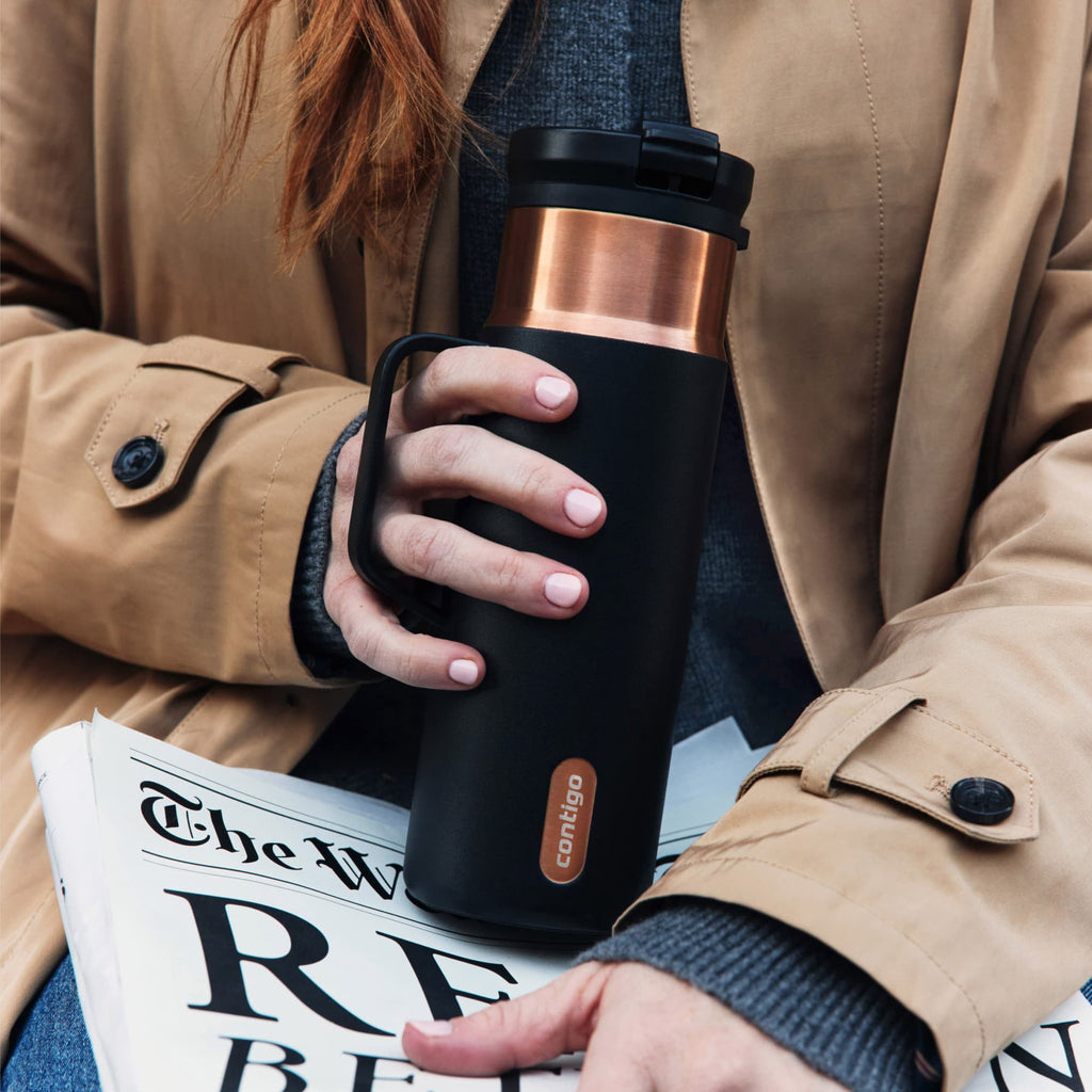 Contigo SnapSeal Leakproof Stainless Steel Reusable Water Bottle Tumbler with Side Handle, Dark Blue/Bronze, 20 oz X3D8