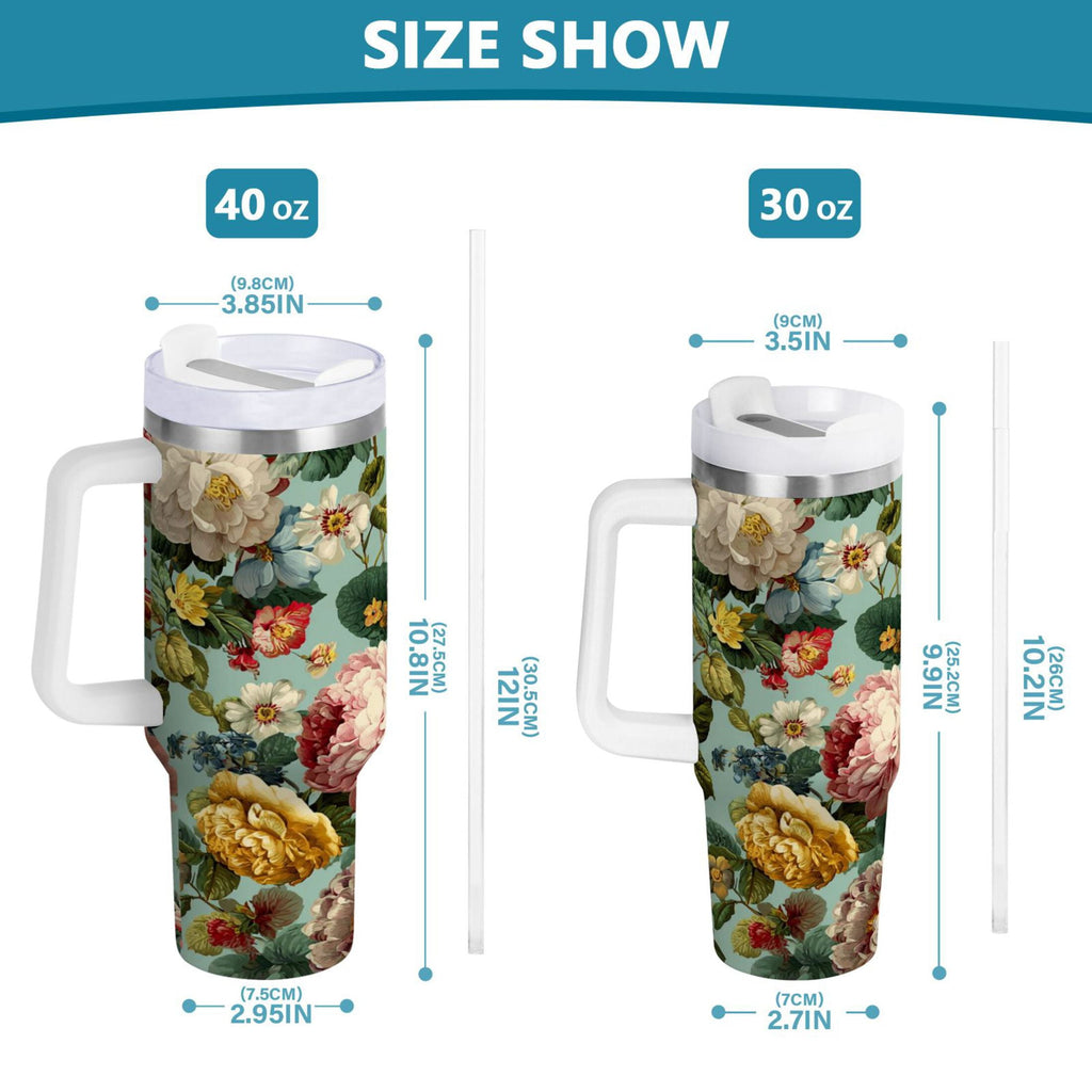 40 oz Insulated Stainless Steel Tumbler Double Wall Stainless Steel Tumbler with 2-Way Drinking Floral Pattern with Roses J340