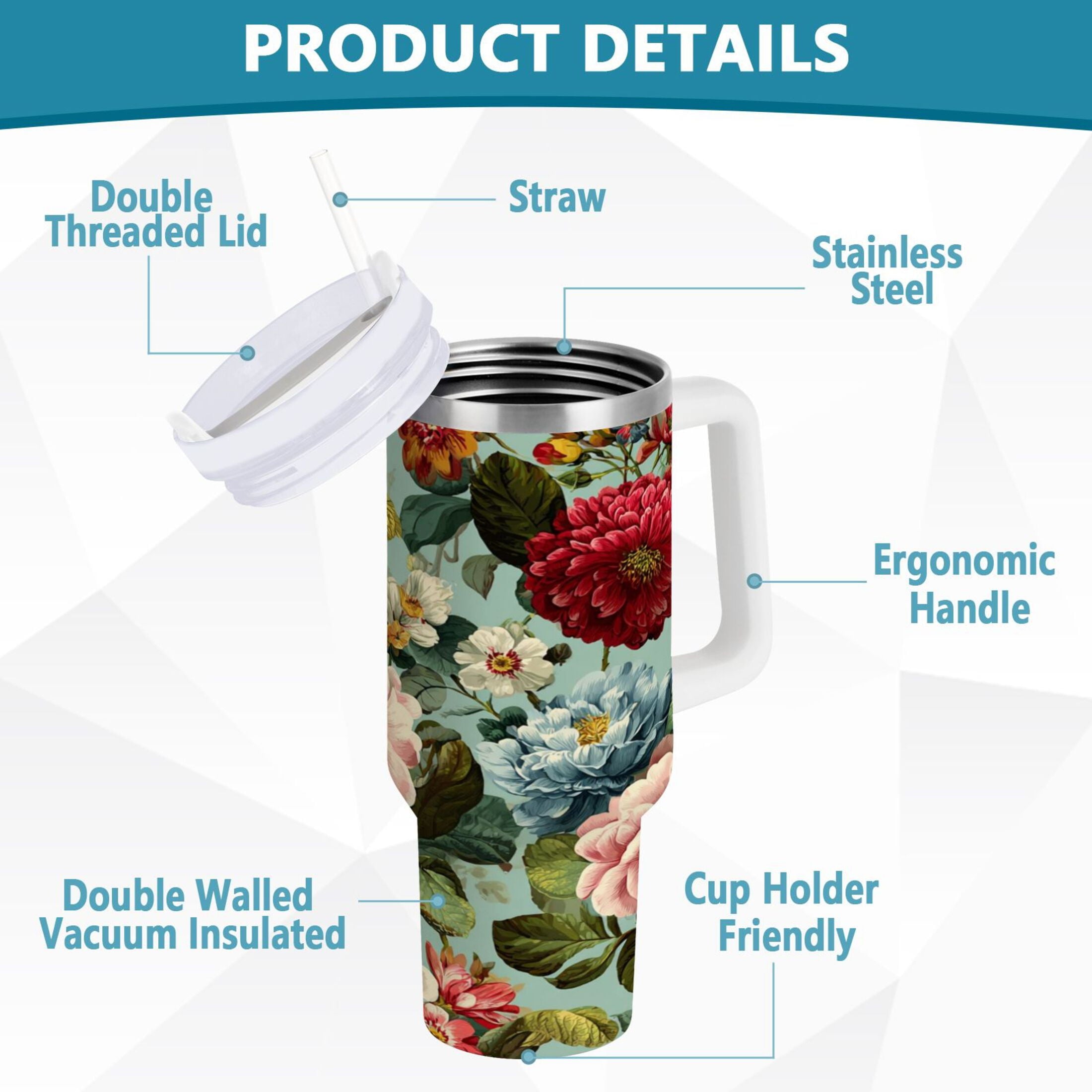 40 oz Insulated Stainless Steel Tumbler Double Wall Stainless Steel Tumbler with 2-Way Drinking Floral Pattern with Roses J340