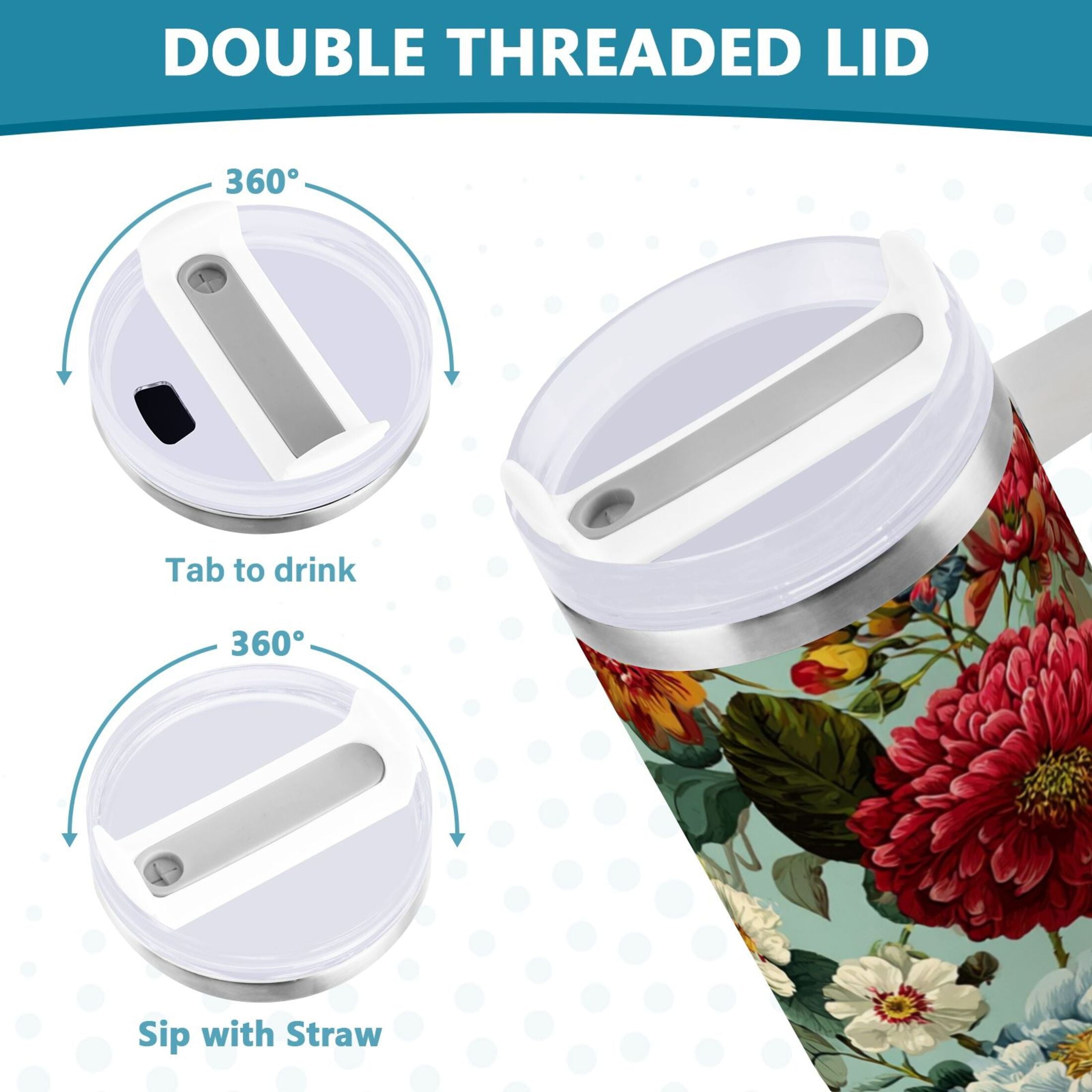40 oz Insulated Stainless Steel Tumbler Double Wall Stainless Steel Tumbler with 2-Way Drinking Floral Pattern with Roses J340