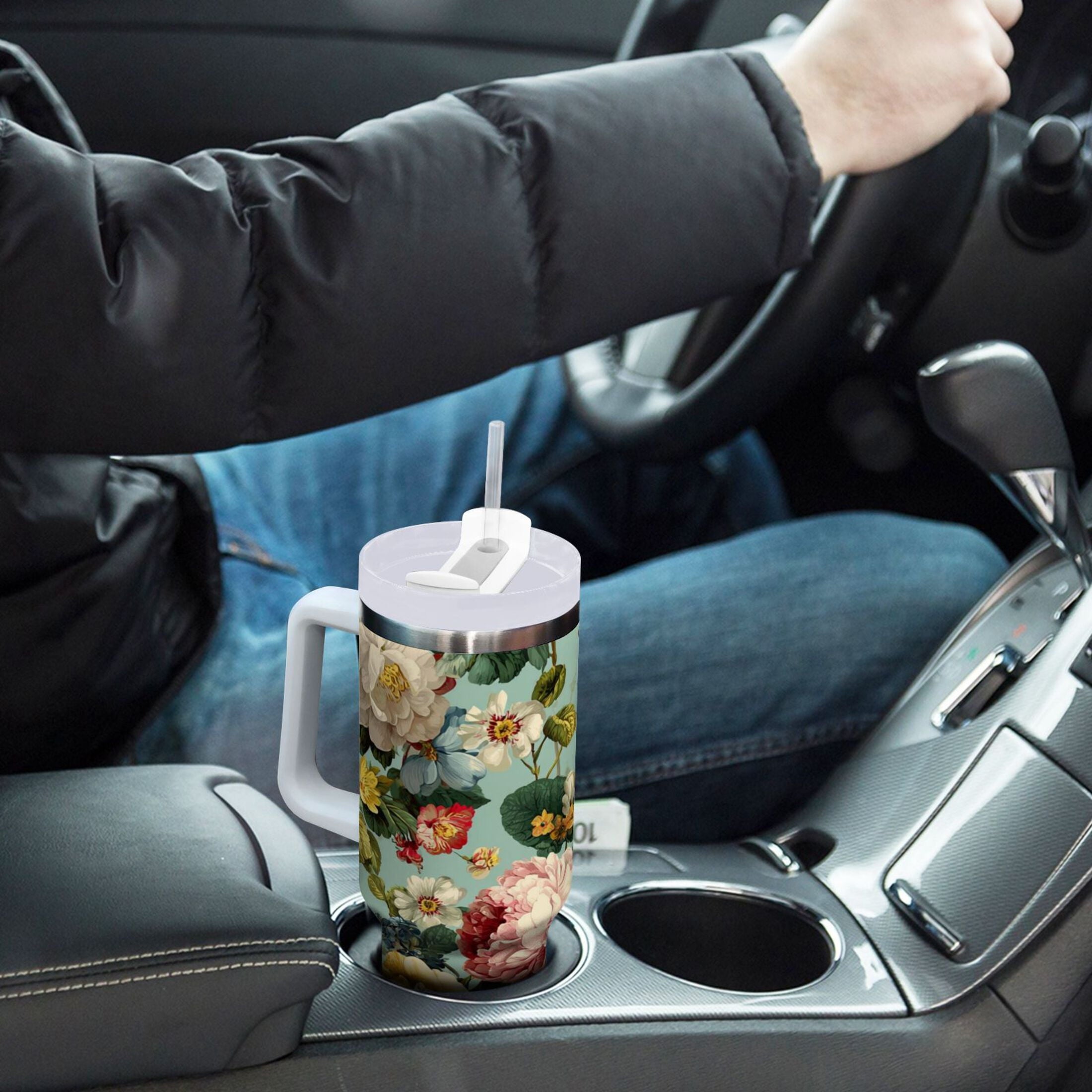 40 oz Insulated Stainless Steel Tumbler Double Wall Stainless Steel Tumbler with 2-Way Drinking Floral Pattern with Roses J340