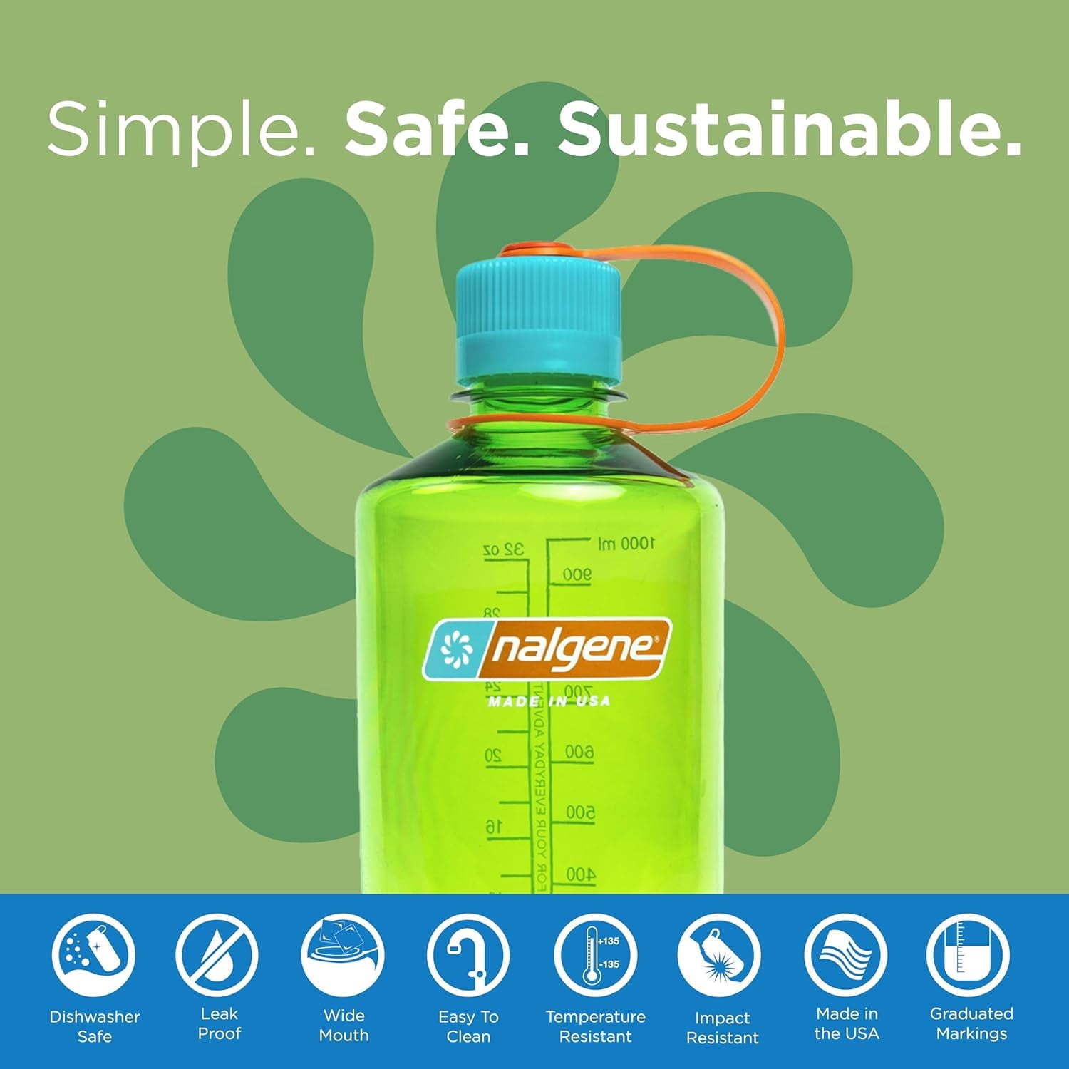 Nalgene Sustain Tritan BPA-Free Water Bottle Made with Material Derived from 50% Plastic Waste, 32 OZ, Narrow Mouth, Pear 3EAW
