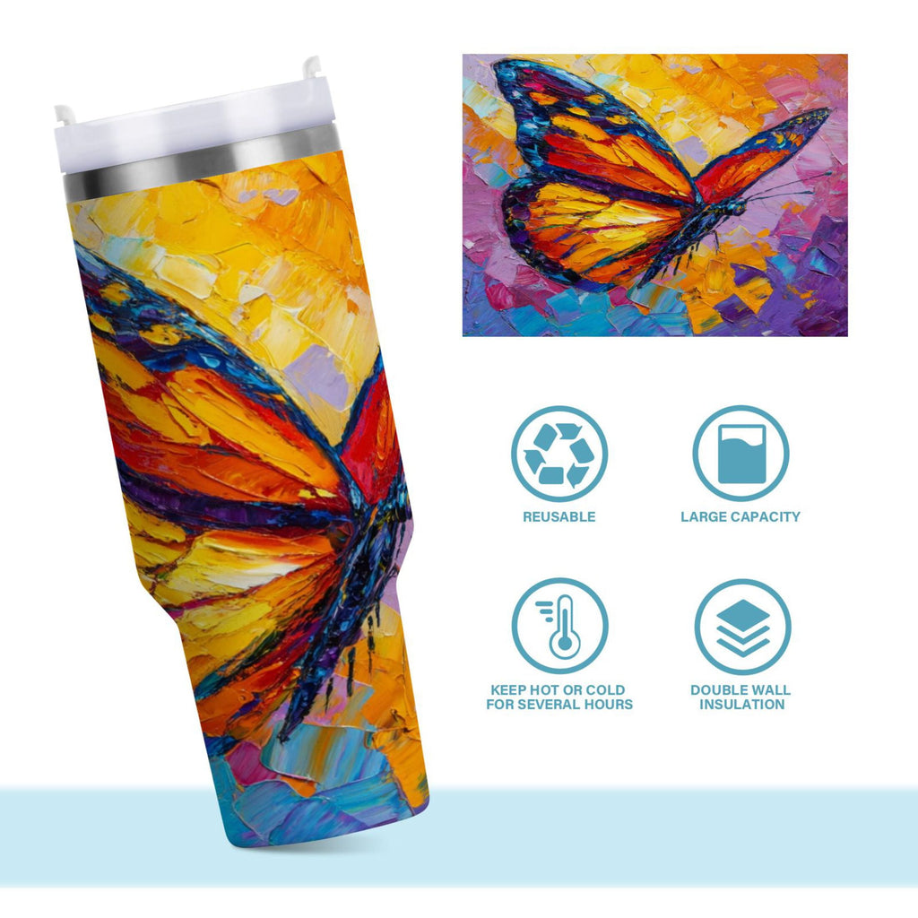 30 oz Insulated Stainless Steel Tumbler Double Wall Stainless Steel Tumbler with 2-Way Drinking Colorful Butterfly Flying WOKA