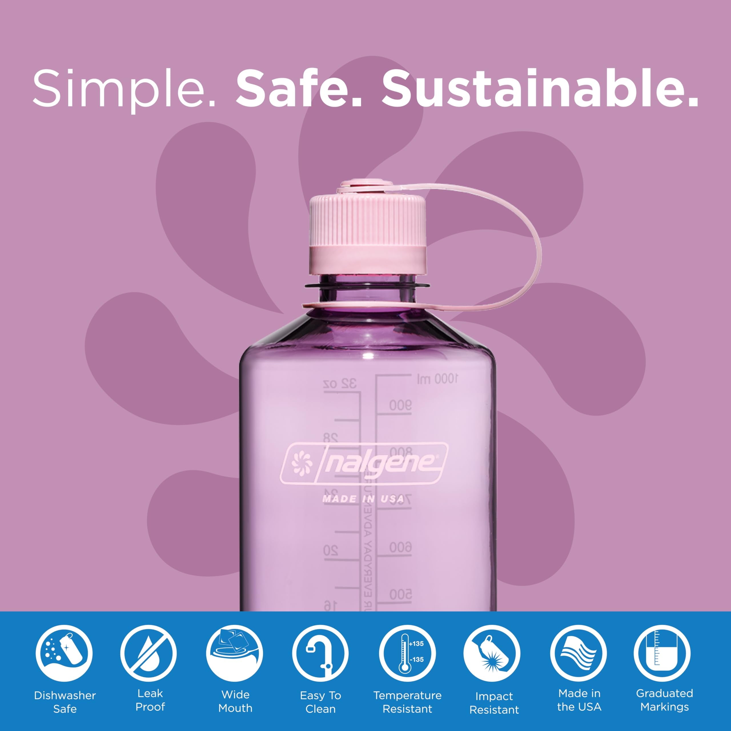 Nalgene Sustain Tritan BPA-Free Water Bottle Made with Material Derived from 50% Plastic Waste (using ISCC certified mass balance), 32 OZ, Narrow Mouth, Cherry Blossom 5MGF