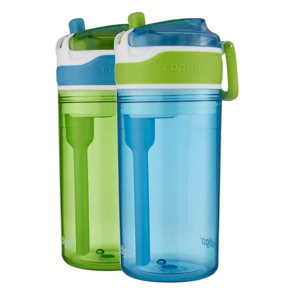 Contigo Kids 2-in-1 Snack Hero Tumbler Featuring 4oz Snack Holder Stacked on Top of 13oz Water Bottle - BPA Free, Durable Tritan w/Flexible Carry Handle &amp; Spill-Proof Valve, Green &amp; Blue – 2 Pack FO1W
