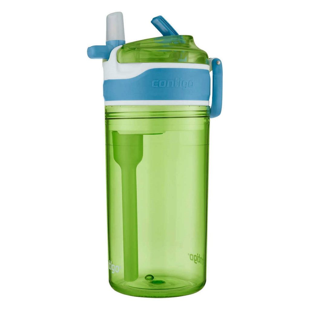 Contigo Kids 2-in-1 Snack Hero Tumbler Featuring 4oz Snack Holder Stacked on Top of 13oz Water Bottle - BPA Free, Durable Tritan w/Flexible Carry Handle &amp; Spill-Proof Valve, Green &amp; Blue – 2 Pack FO1W