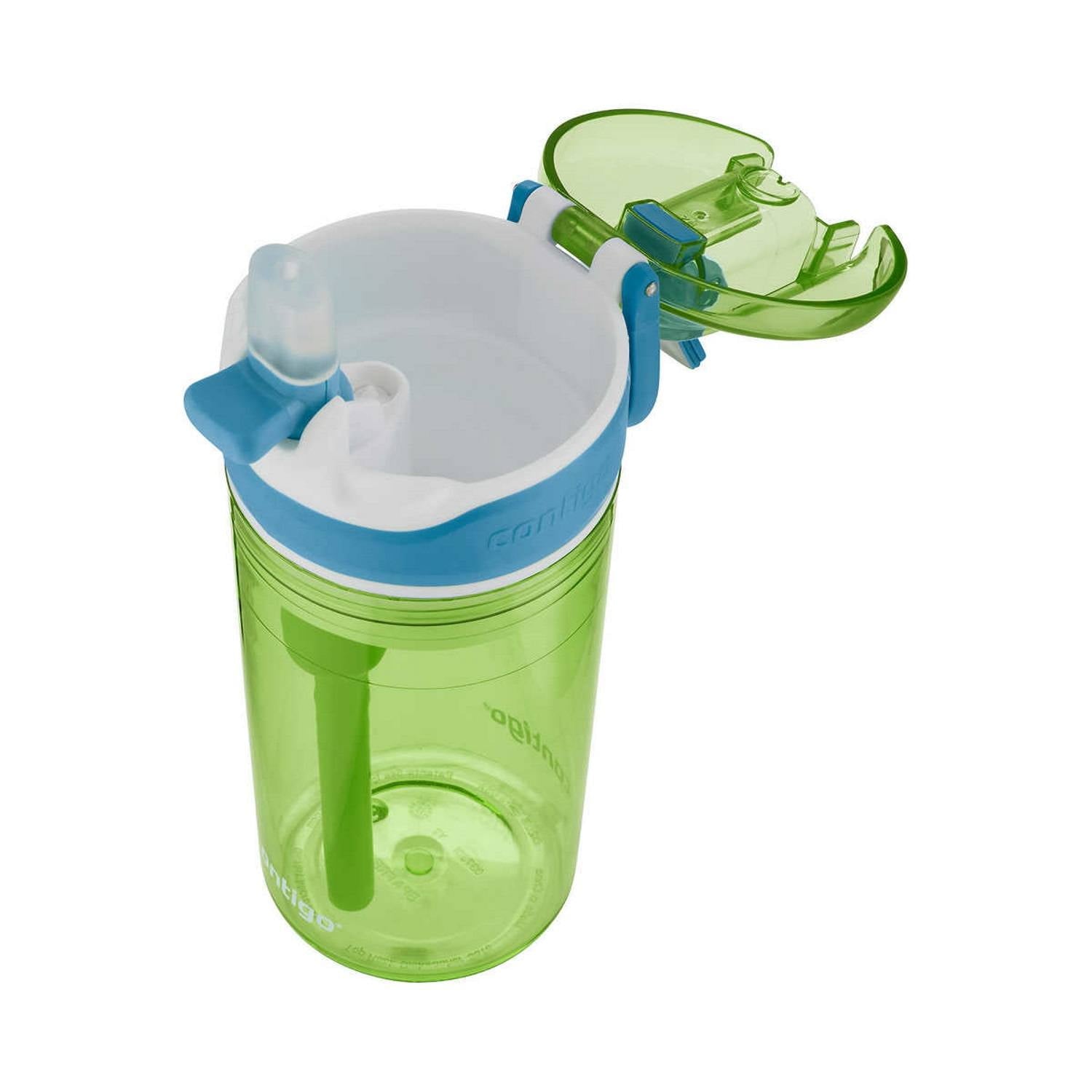 Contigo Kids 2-in-1 Snack Hero Tumbler Featuring 4oz Snack Holder Stacked on Top of 13oz Water Bottle - BPA Free, Durable Tritan w/Flexible Carry Handle &amp; Spill-Proof Valve, Green &amp; Blue – 2 Pack FO1W
