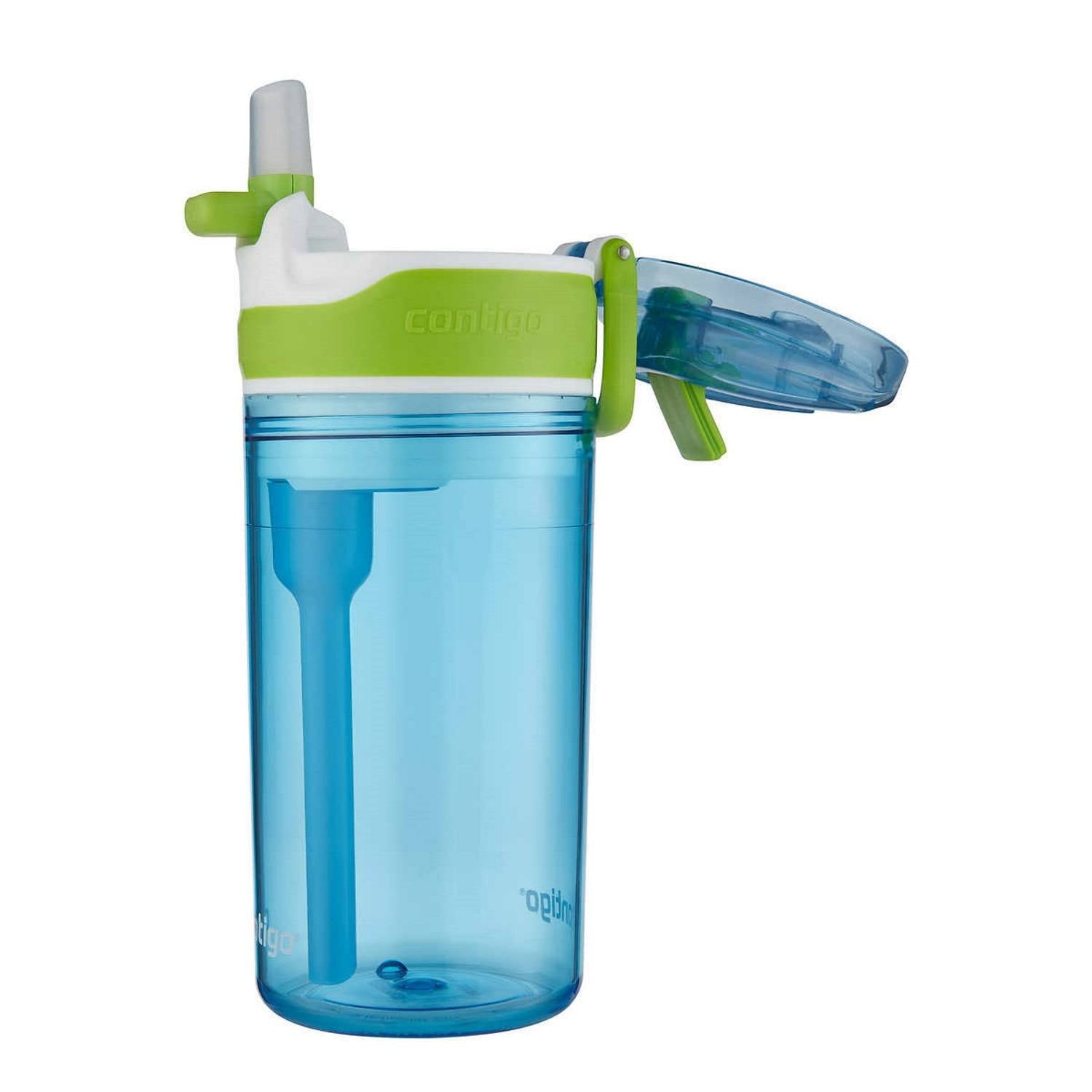 Contigo Kids 2-in-1 Snack Hero Tumbler Featuring 4oz Snack Holder Stacked on Top of 13oz Water Bottle - BPA Free, Durable Tritan w/Flexible Carry Handle &amp; Spill-Proof Valve, Green &amp; Blue – 2 Pack FO1W