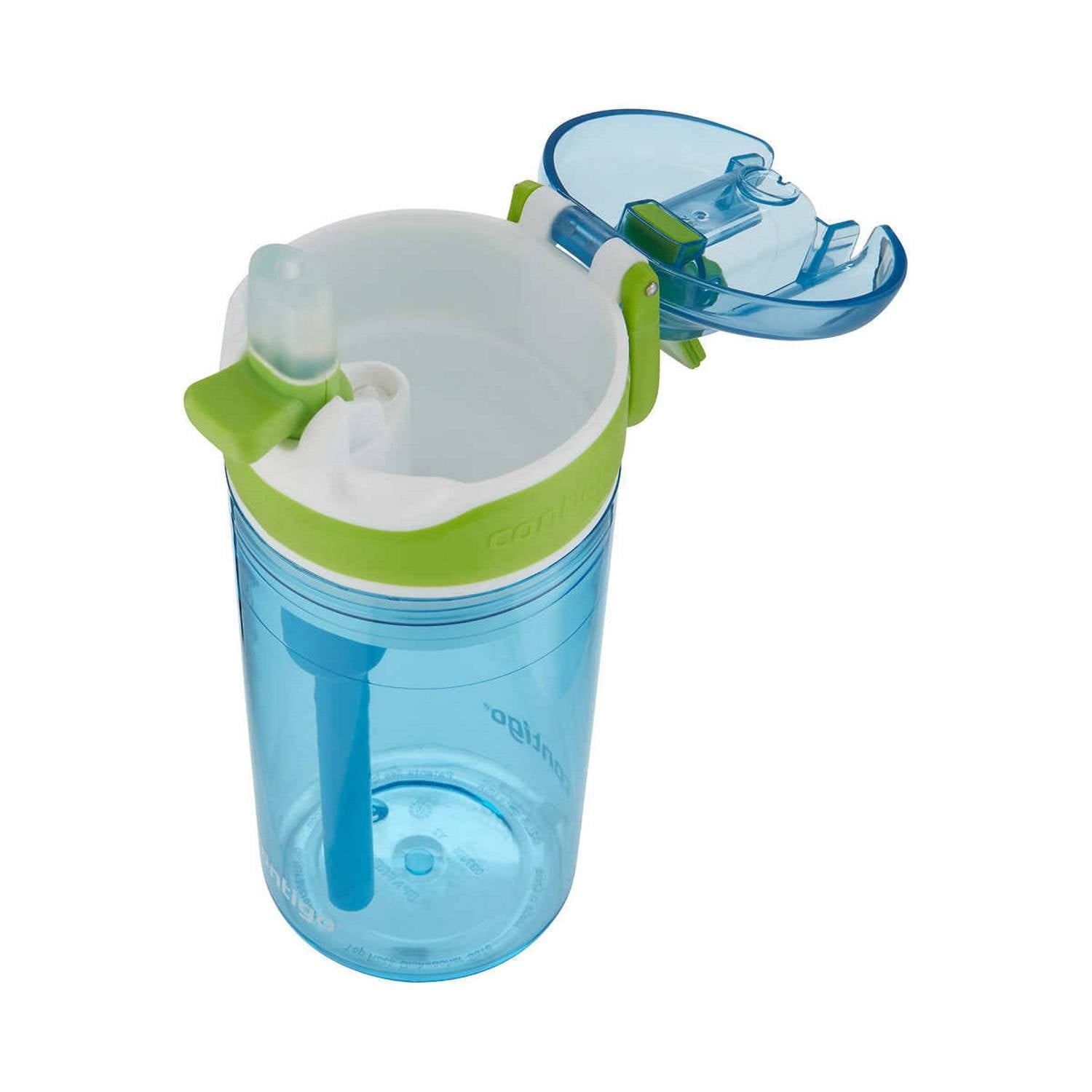 Contigo Kids 2-in-1 Snack Hero Tumbler Featuring 4oz Snack Holder Stacked on Top of 13oz Water Bottle - BPA Free, Durable Tritan w/Flexible Carry Handle &amp; Spill-Proof Valve, Green &amp; Blue – 2 Pack FO1W