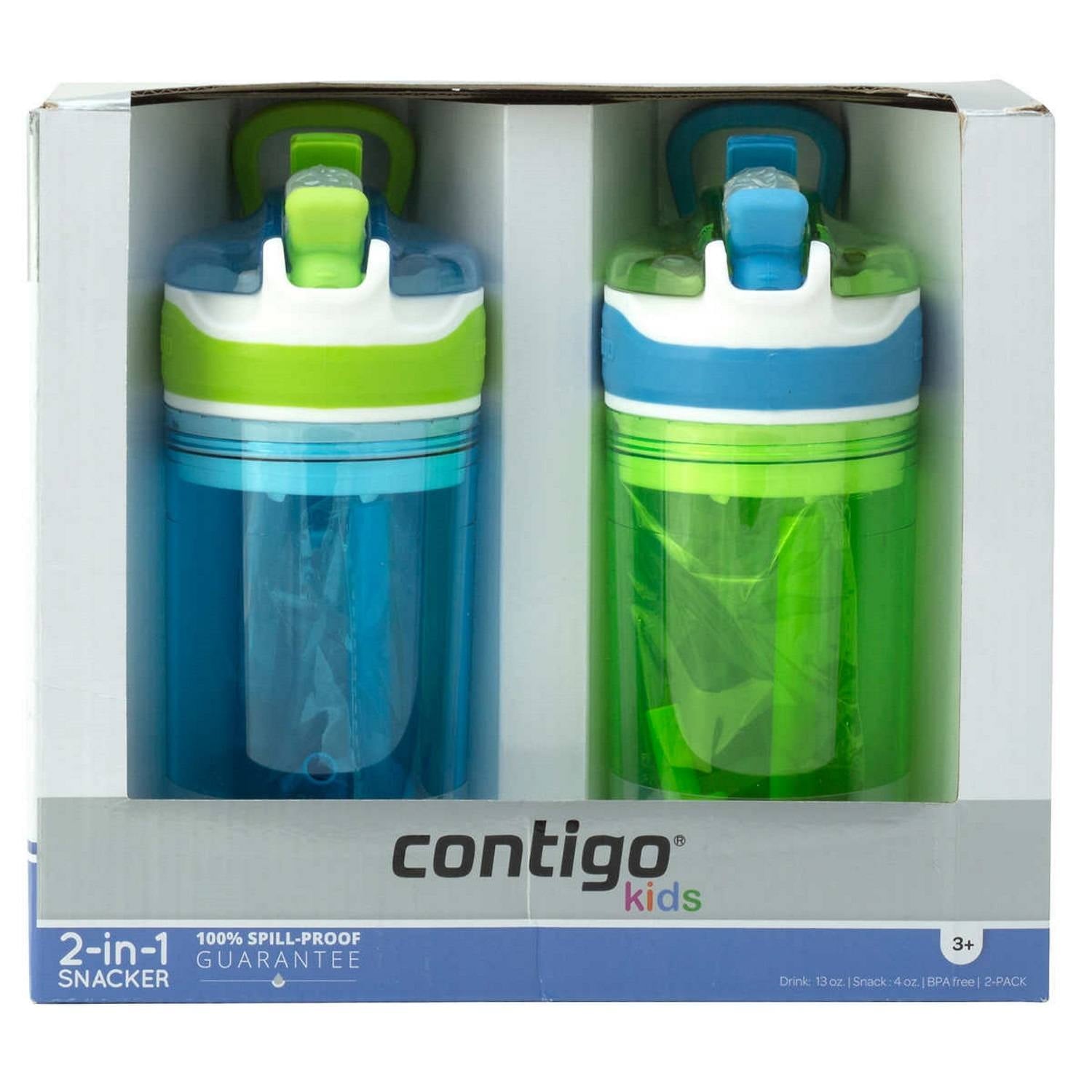 Contigo Kids 2-in-1 Snack Hero Tumbler Featuring 4oz Snack Holder Stacked on Top of 13oz Water Bottle - BPA Free, Durable Tritan w/Flexible Carry Handle &amp; Spill-Proof Valve, Green &amp; Blue – 2 Pack FO1W