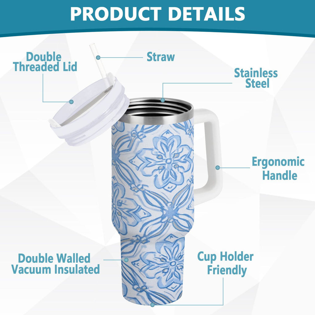 30 oz Insulated Stainless Steel Tumbler Double Wall Stainless Steel Tumbler with 2-Way Drinking Blue Elegant Geometric Design TOLQ