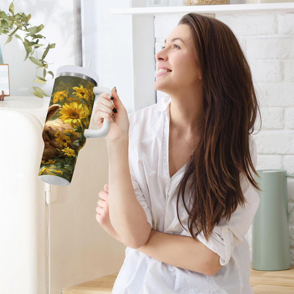 40 oz Insulated Stainless Steel Tumbler Double Wall Stainless Steel Tumbler with 2-Way Drinking Cow Lying in Sunflowers 36XG