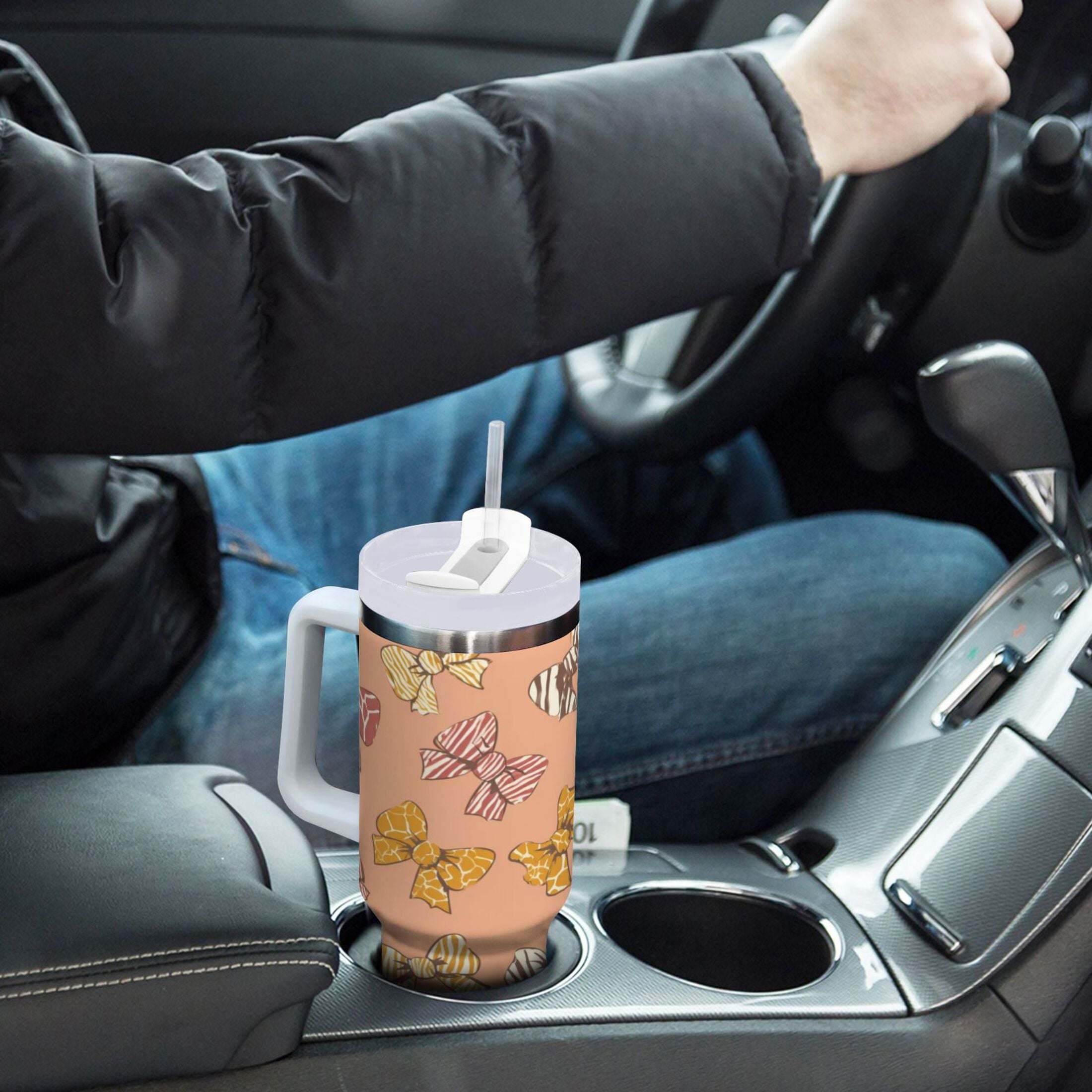 40 oz Insulated Stainless Steel Tumbler Double Wall Stainless Steel Tumbler with 2-Way Drinking Cute Animal Print Bows BOBH