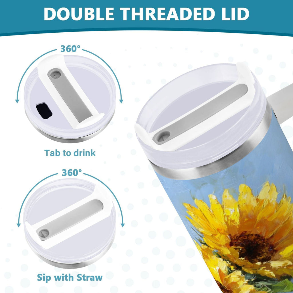 40 oz Insulated Stainless Steel Tumbler Double Wall Stainless Steel Tumbler with 2-Way Drinking Sunflowers Painting 792M
