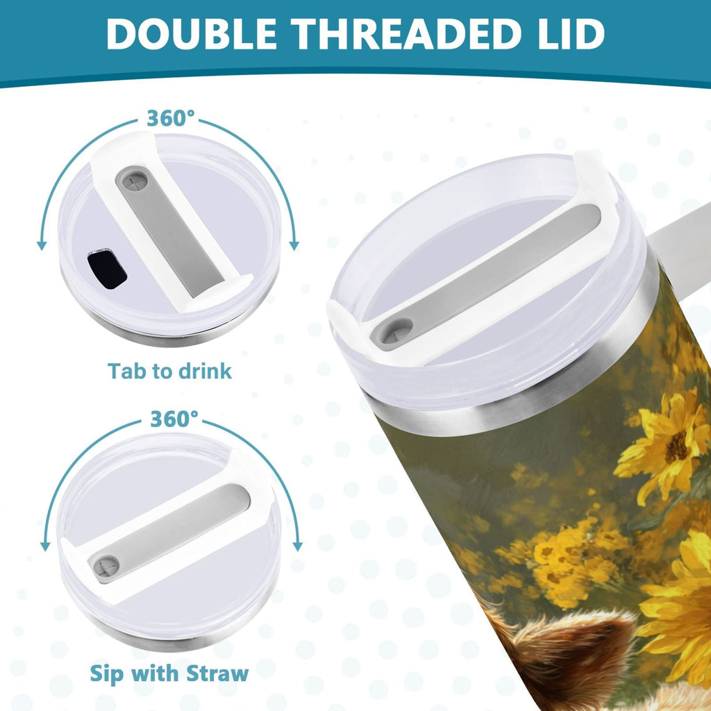 40 oz Insulated Stainless Steel Tumbler Double Wall Stainless Steel Tumbler with 2-Way Drinking Cow Lying in Sunflowers 36XG