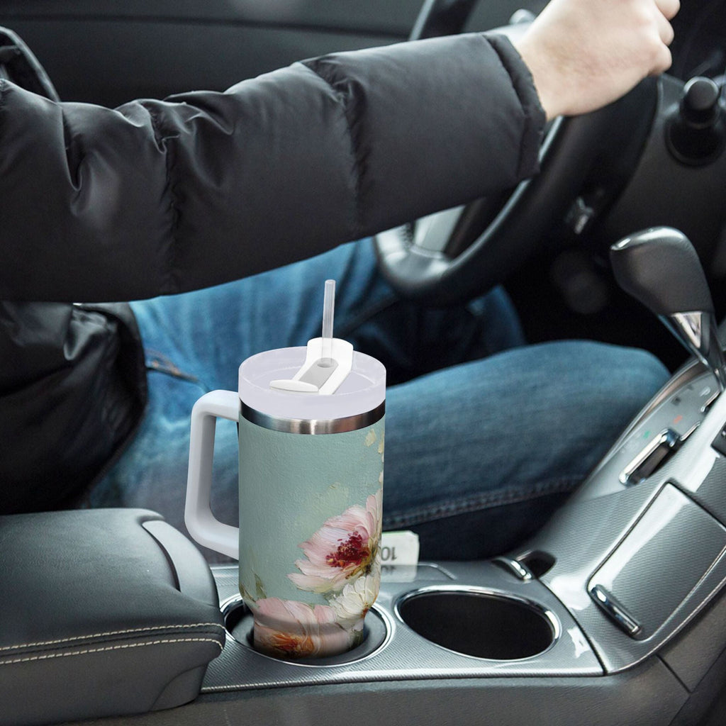 40 oz Insulated Stainless Steel Tumbler Double Wall Stainless Steel Tumbler with 2-Way Drinking Vintage Peonies and Daisies WT8H