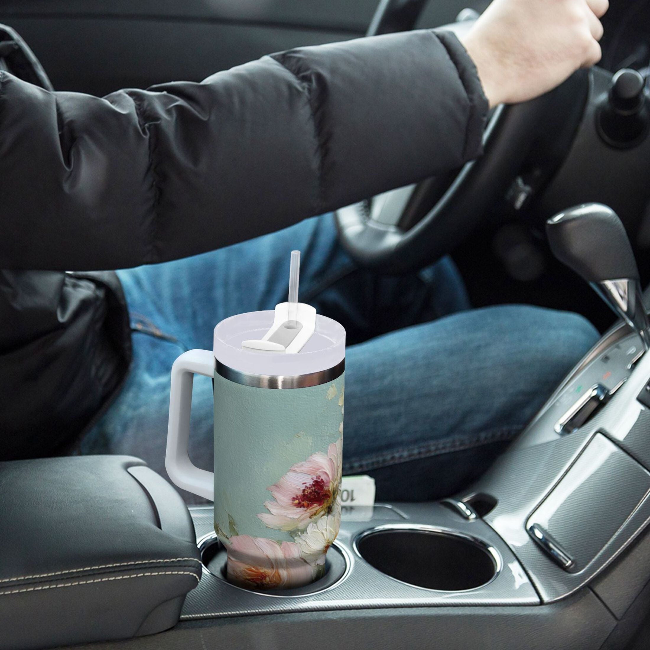 40 oz Insulated Stainless Steel Tumbler Double Wall Stainless Steel Tumbler with 2-Way Drinking Vintage Peonies and Daisies WT8H