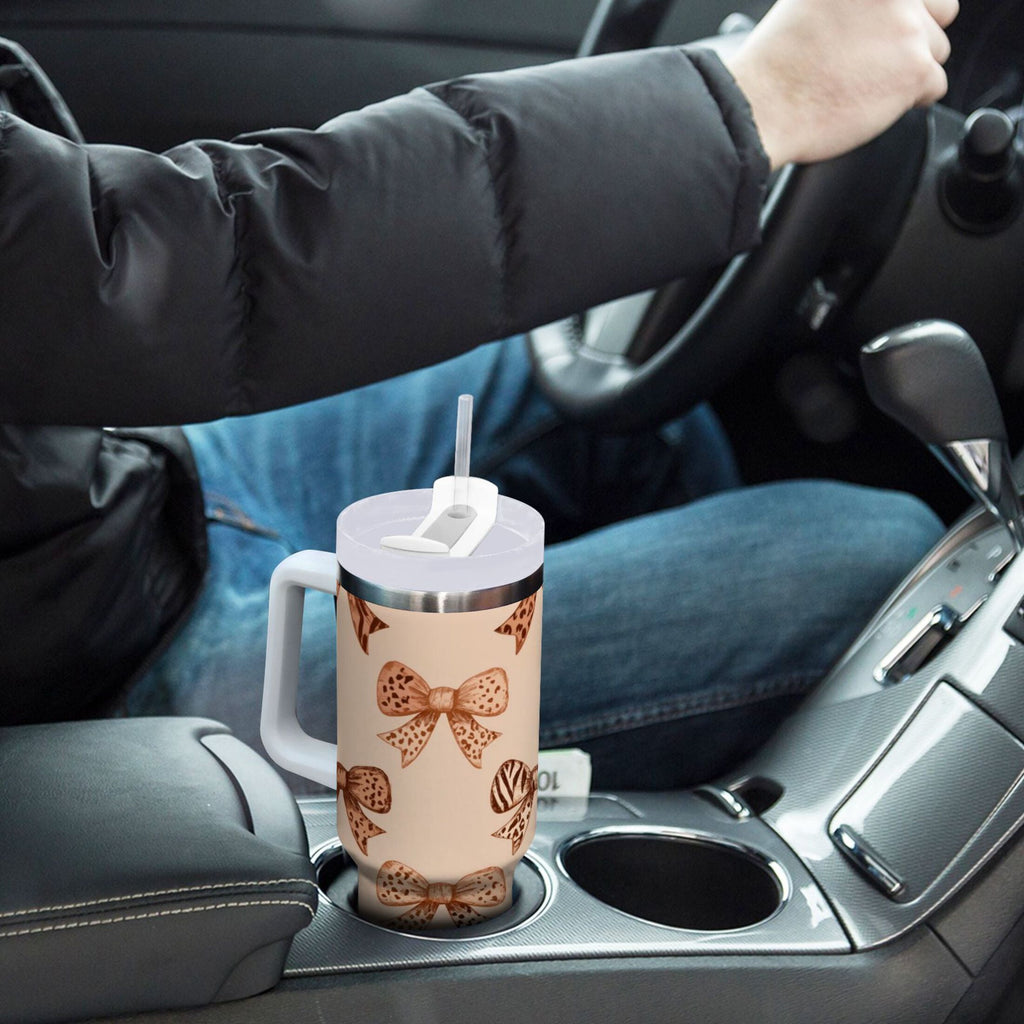 40 oz Insulated Stainless Steel Tumbler Double Wall Stainless Steel Tumbler with 2-Way Drinking Leopard Print Bow 6MEA
