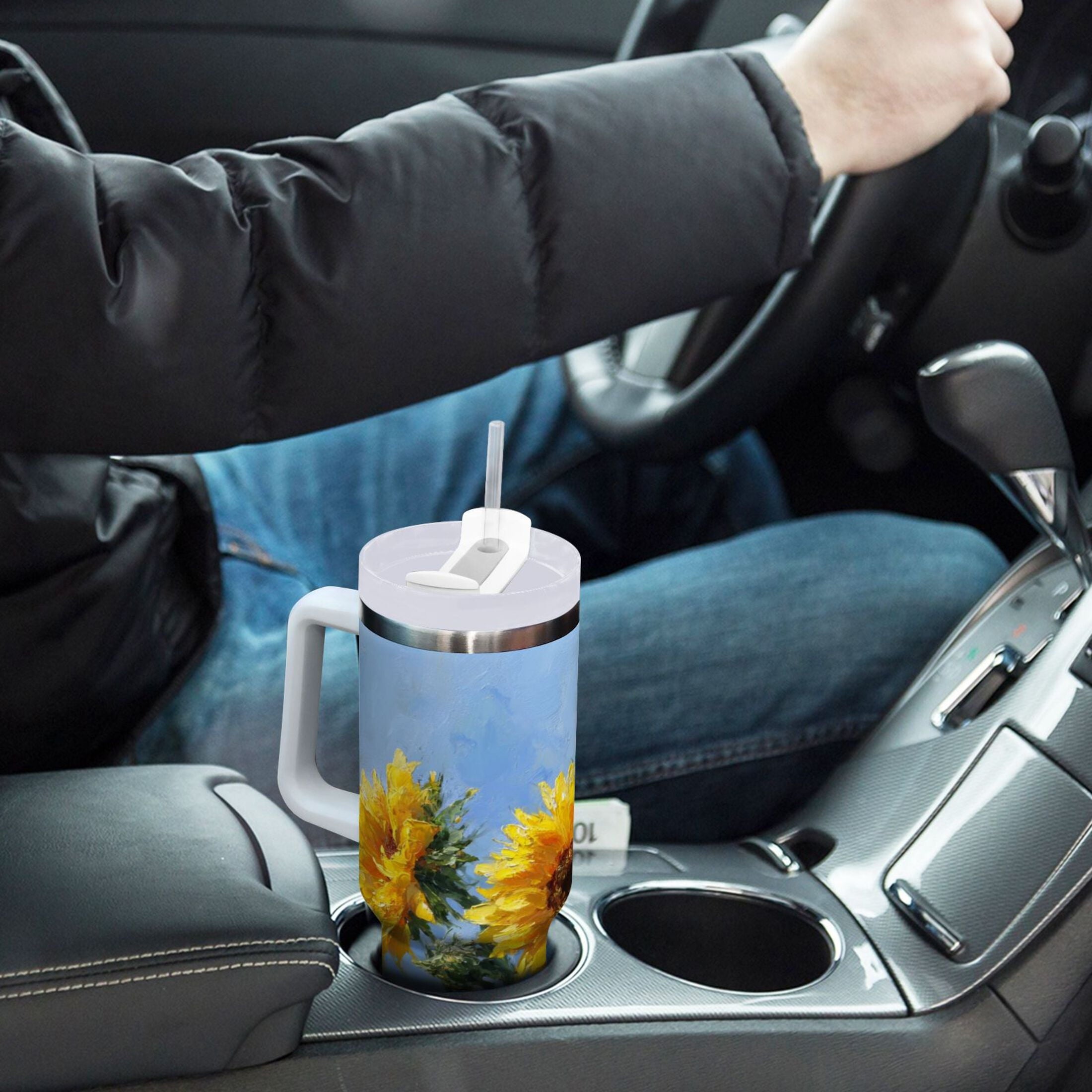 40 oz Insulated Stainless Steel Tumbler Double Wall Stainless Steel Tumbler with 2-Way Drinking Sunflowers Painting 792M