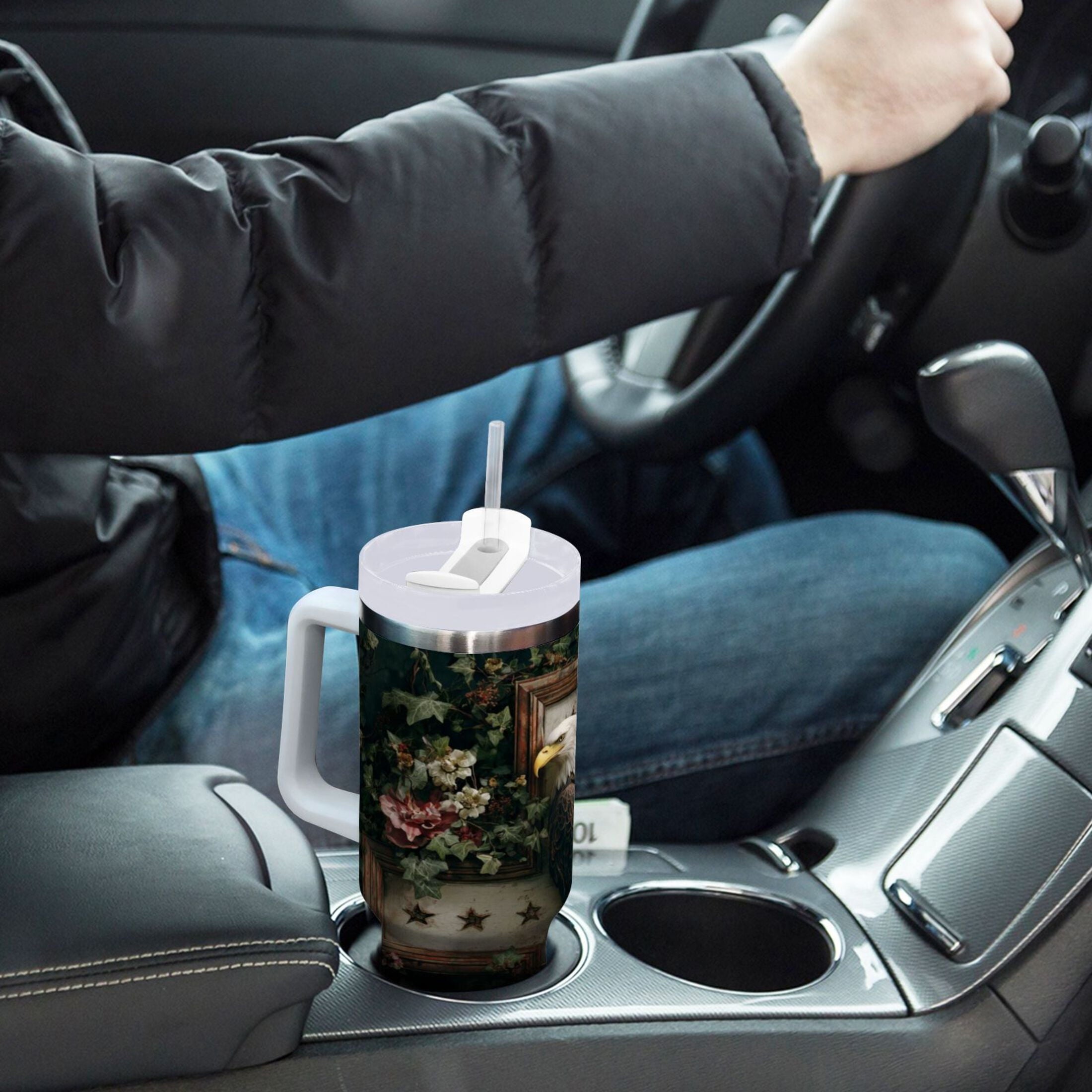 30 oz Insulated Stainless Steel Tumbler Double Wall Stainless Steel Tumbler with 2-Way Drinking Wreath and Bald Eagle C5SG