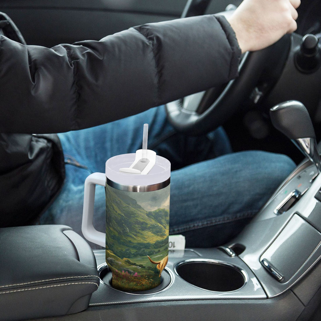 30 oz Insulated Stainless Steel Tumbler Double Wall Stainless Steel Tumbler with 2-Way Drinking Cow in Green Rolling Hills Q5MV