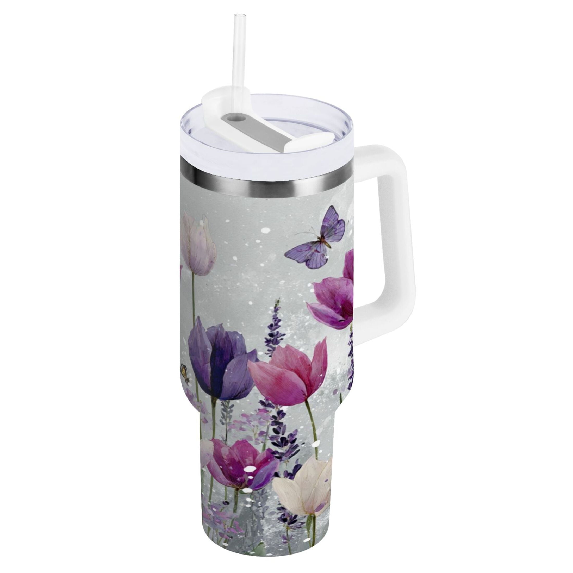40 oz Insulated Stainless Steel Tumbler Double Wall Stainless Steel Tumbler with 2-Way Drinking Colorful Tulips and Lavender C9XB