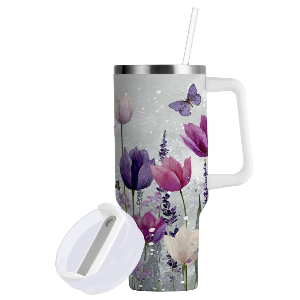 40 oz Insulated Stainless Steel Tumbler Double Wall Stainless Steel Tumbler with 2-Way Drinking Colorful Tulips and Lavender C9XB