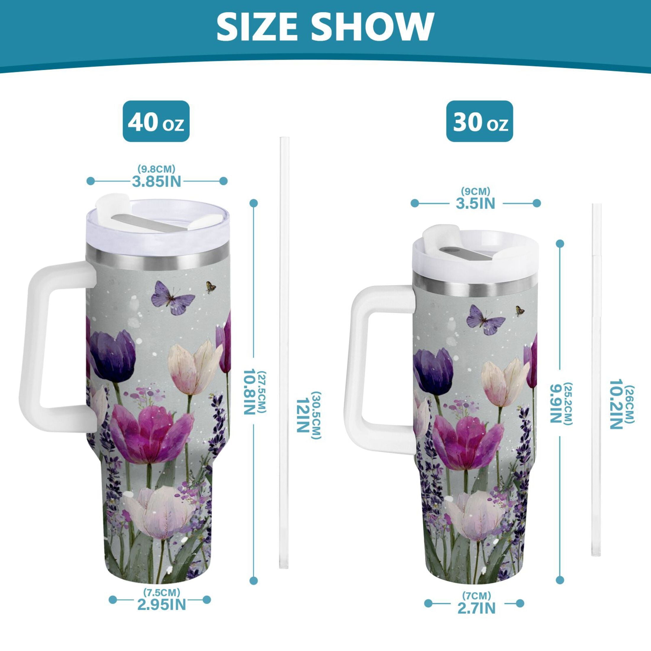 40 oz Insulated Stainless Steel Tumbler Double Wall Stainless Steel Tumbler with 2-Way Drinking Colorful Tulips and Lavender C9XB