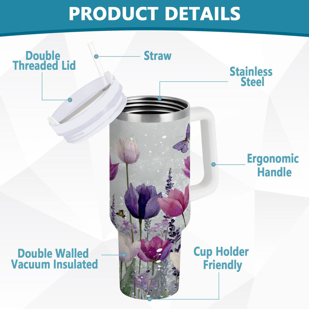 40 oz Insulated Stainless Steel Tumbler Double Wall Stainless Steel Tumbler with 2-Way Drinking Colorful Tulips and Lavender C9XB