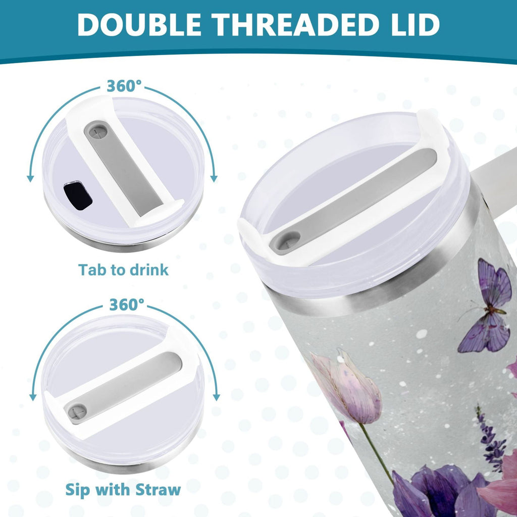 40 oz Insulated Stainless Steel Tumbler Double Wall Stainless Steel Tumbler with 2-Way Drinking Colorful Tulips and Lavender C9XB
