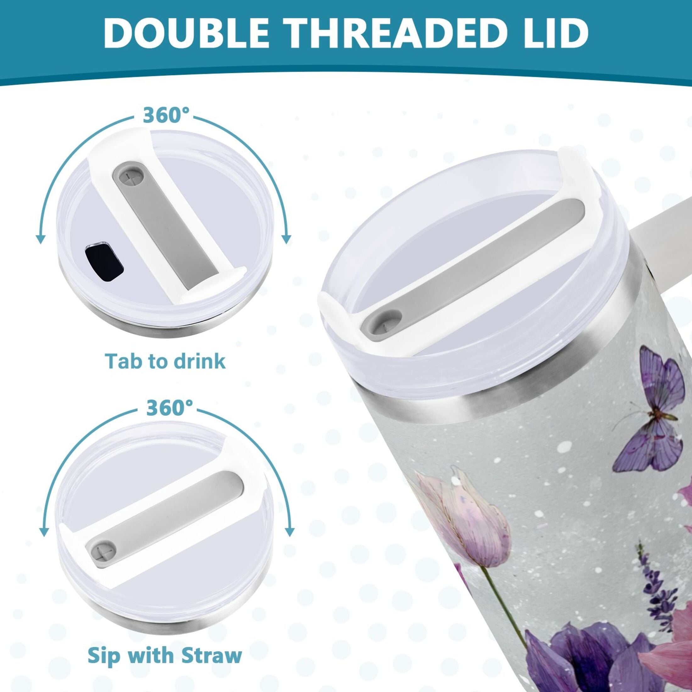 40 oz Insulated Stainless Steel Tumbler Double Wall Stainless Steel Tumbler with 2-Way Drinking Colorful Tulips and Lavender C9XB