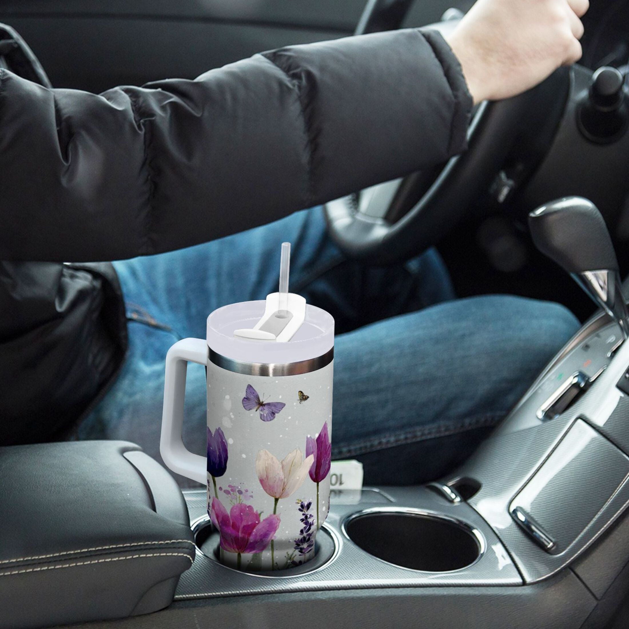 40 oz Insulated Stainless Steel Tumbler Double Wall Stainless Steel Tumbler with 2-Way Drinking Colorful Tulips and Lavender C9XB