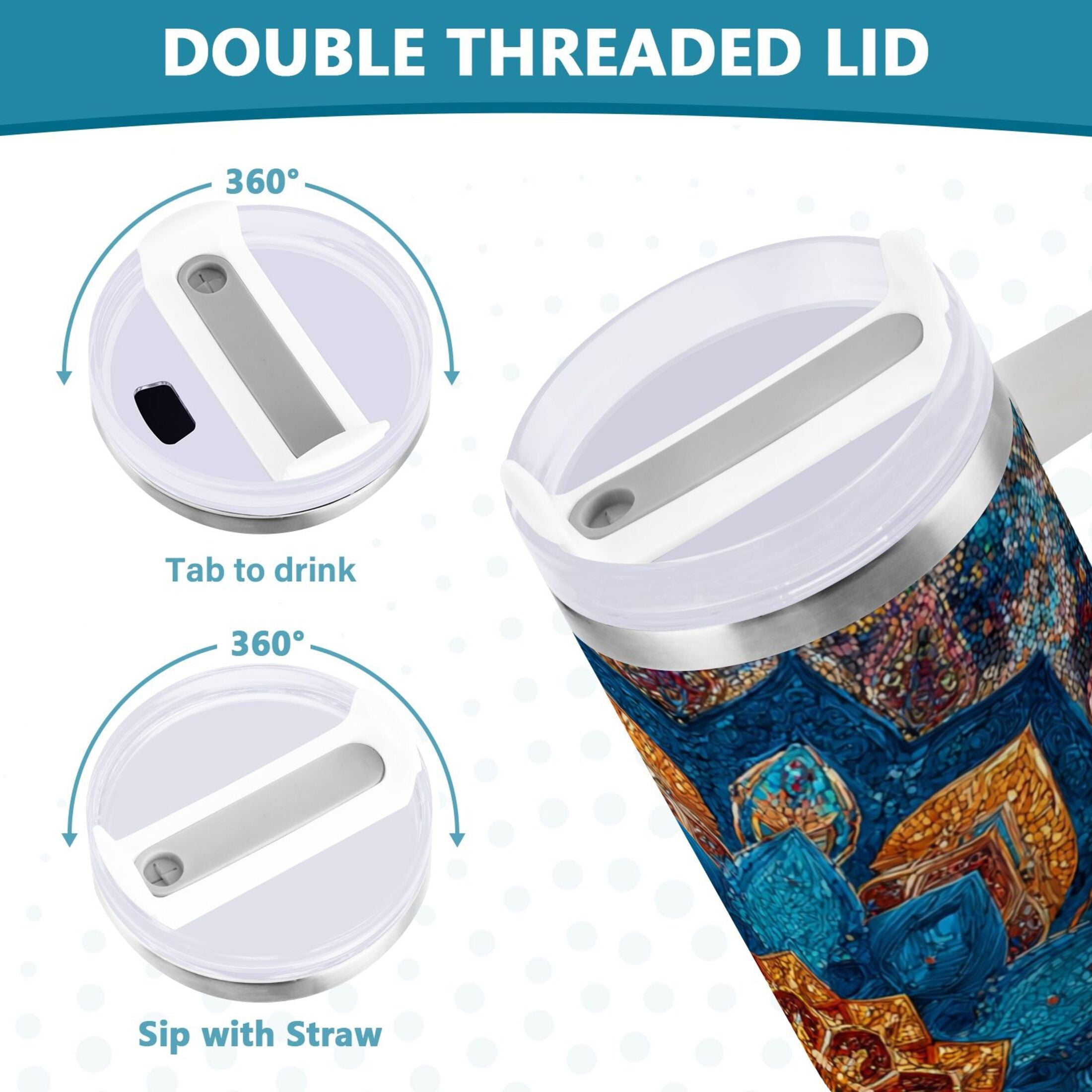 40 oz Insulated Stainless Steel Tumbler Double Wall Stainless Steel Tumbler with 2-Way Drinking Intricate Geometric Shapes CTOY