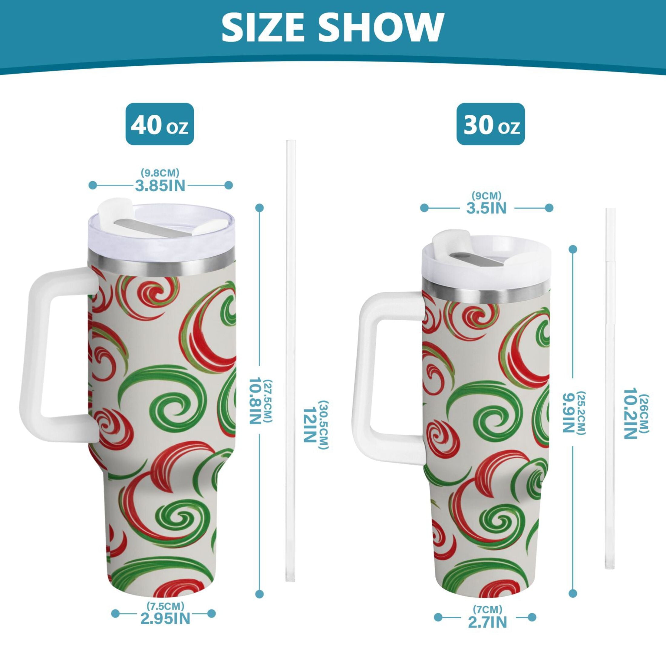 40 oz Insulated Stainless Steel Tumbler Double Wall Stainless Steel Tumbler with 2-Way Drinking Red and Green Swirls 7ABL