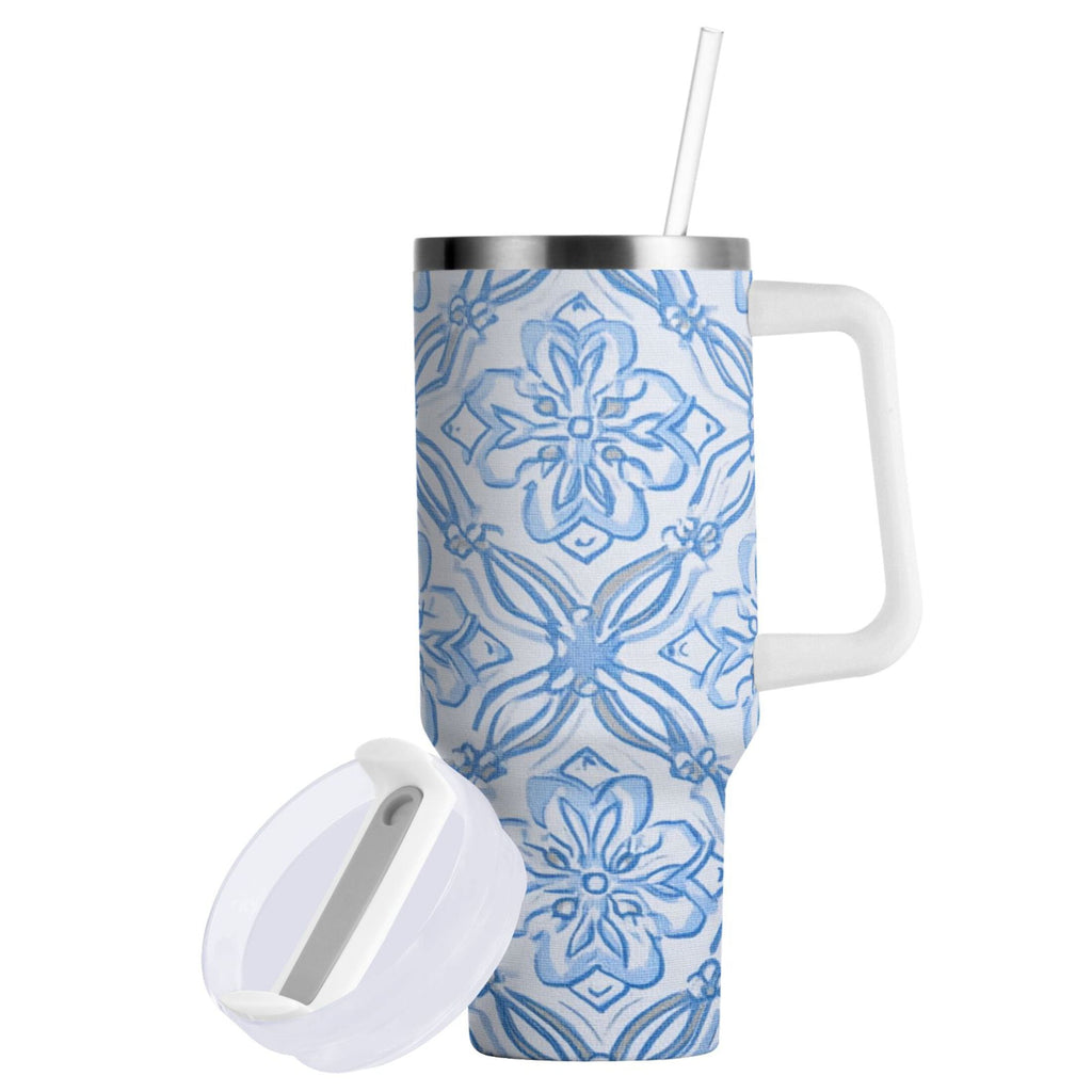 30 oz Insulated Stainless Steel Tumbler Double Wall Stainless Steel Tumbler with 2-Way Drinking Blue Elegant Geometric Design TOLQ