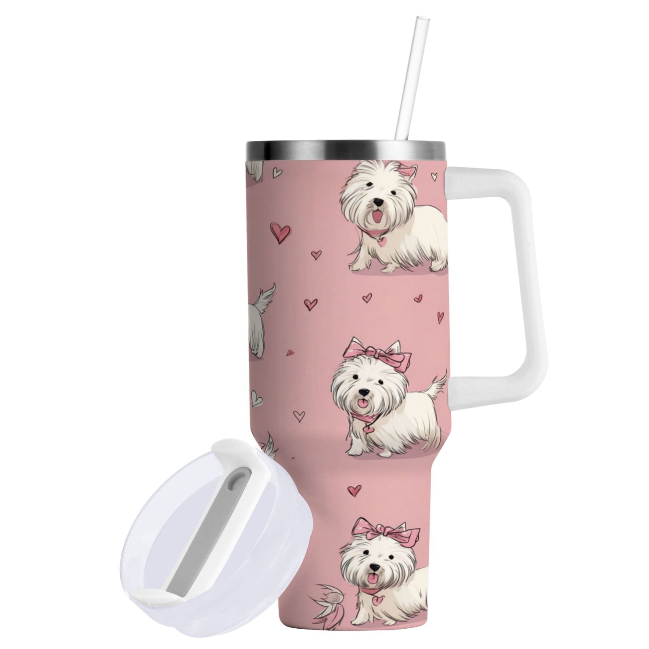 30 oz Insulated Stainless Steel Tumbler Double Wall Stainless Steel Tumbler with 2-Way Drinking Dogs Wearing Bows 9QI6