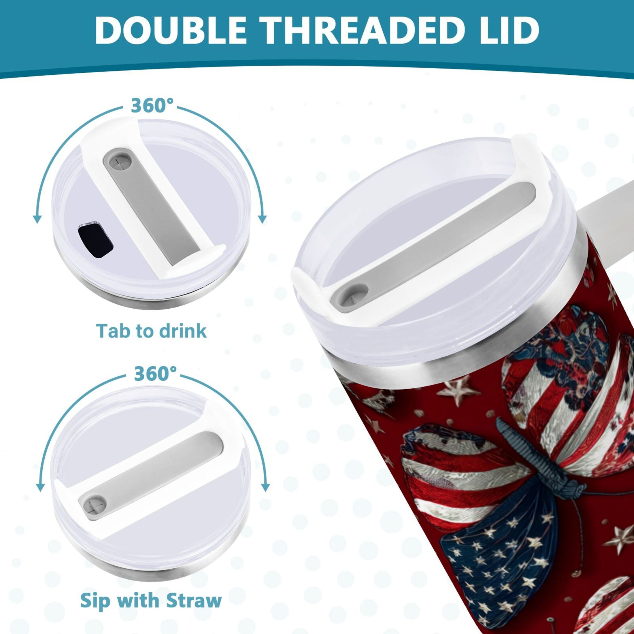 40 oz Insulated Stainless Steel Tumbler Double Wall Stainless Steel Tumbler with 2-Way Drinking Butterfly with National Flag 4X1G