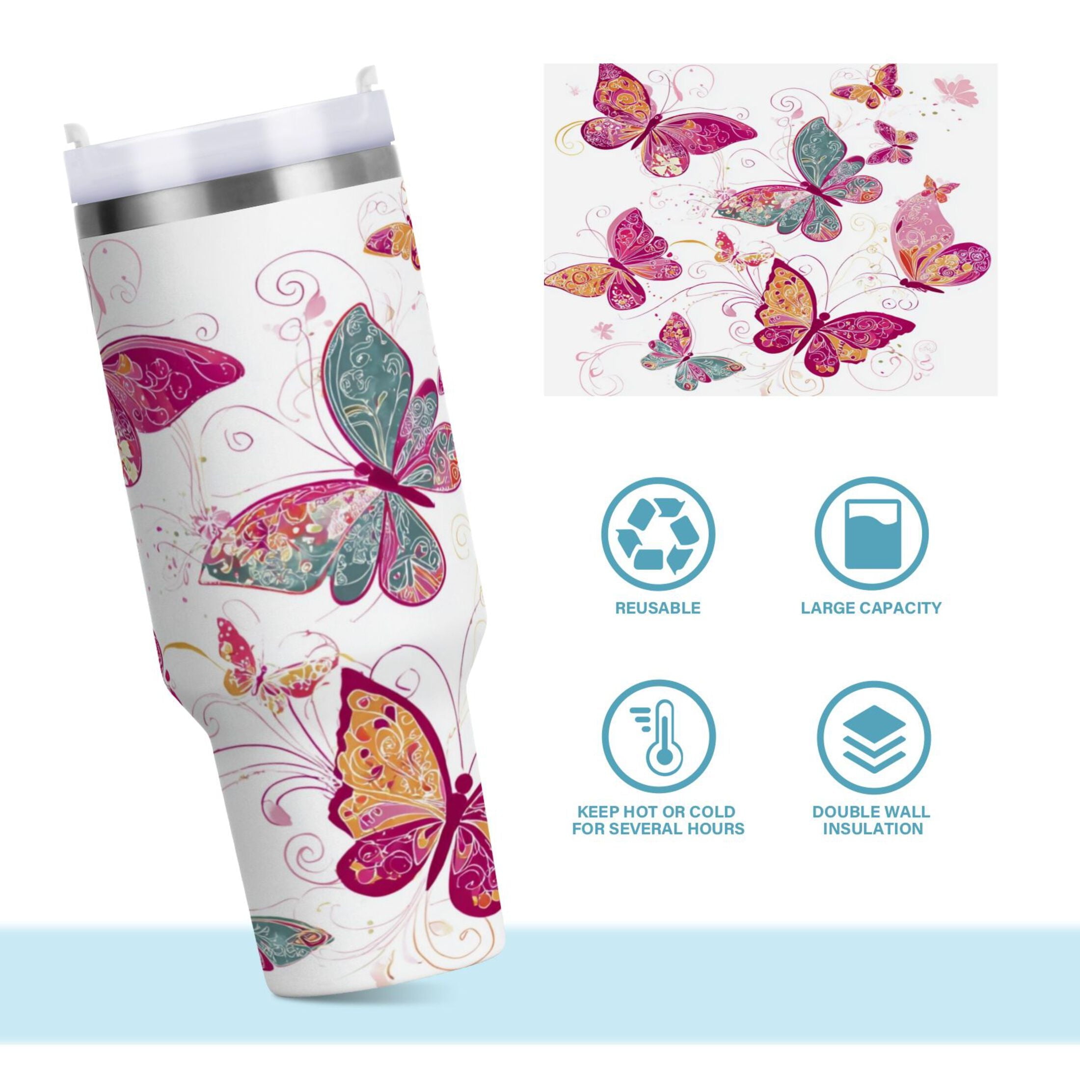 30 oz Insulated Stainless Steel Tumbler Double Wall Stainless Steel Tumbler with 2-Way Drinking Colorful Butterflies NDZF