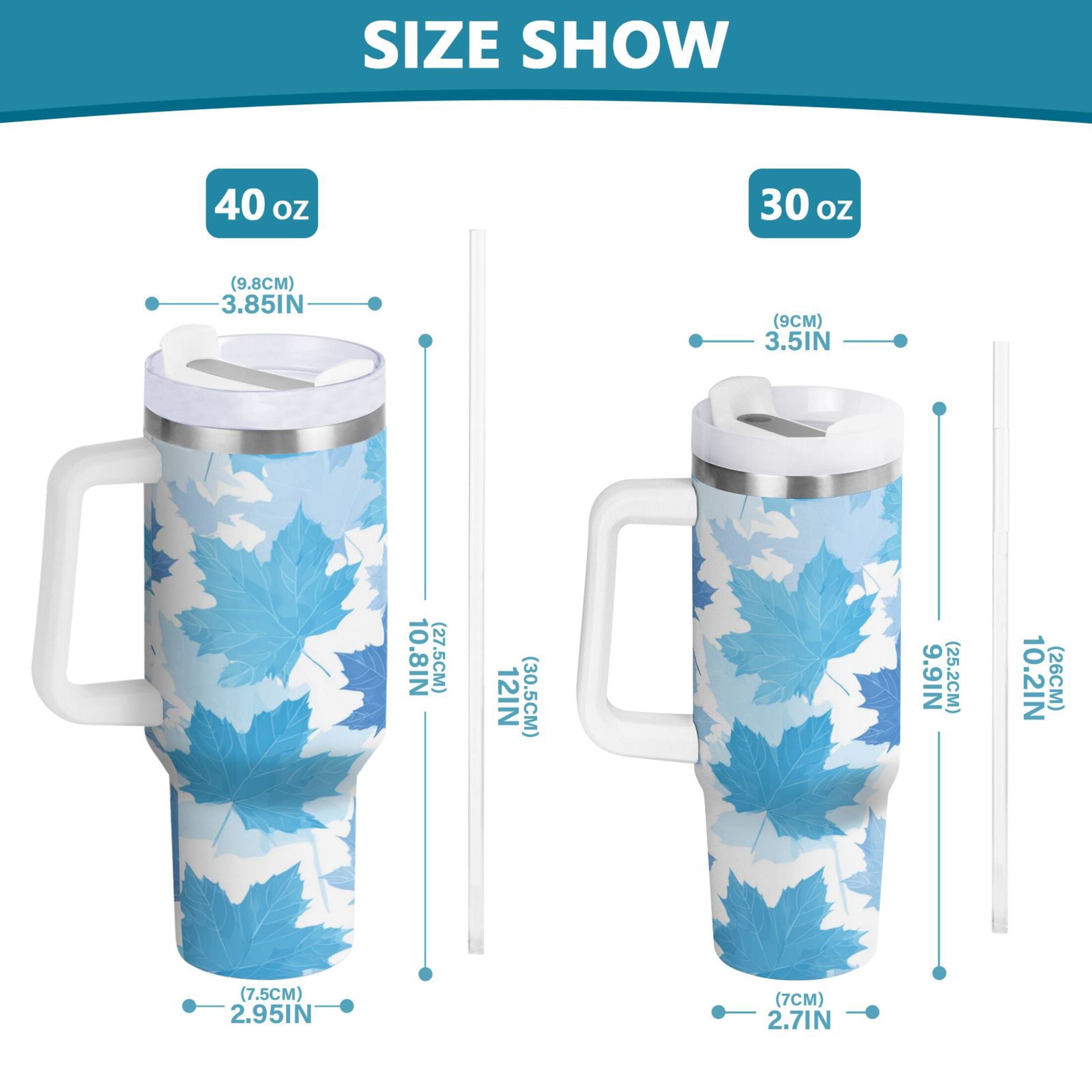 30 oz Insulated Stainless Steel Tumbler Double Wall Stainless Steel Tumbler with 2-Way Drinking Light Blue Maple Leaves U1HD