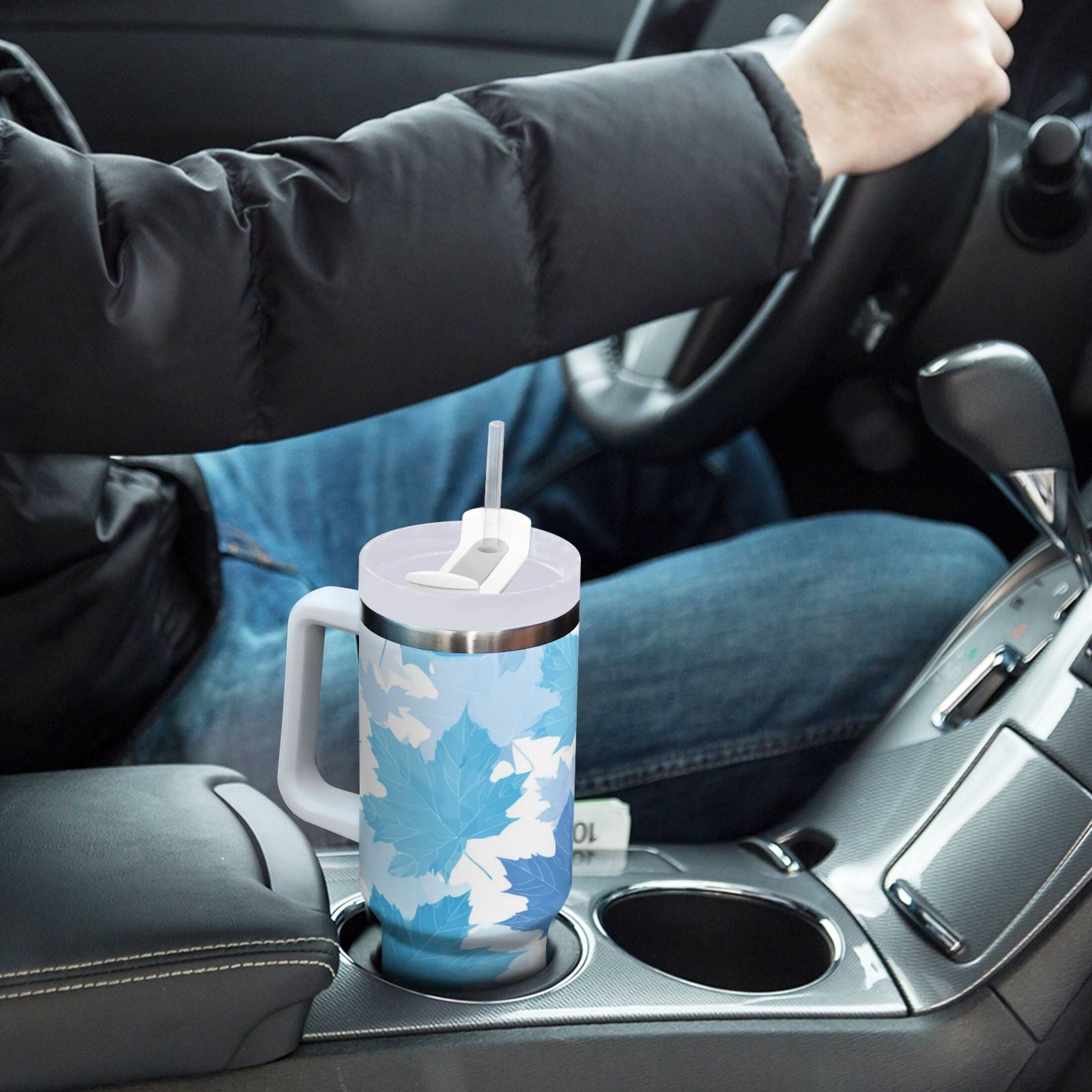 30 oz Insulated Stainless Steel Tumbler Double Wall Stainless Steel Tumbler with 2-Way Drinking Light Blue Maple Leaves U1HD