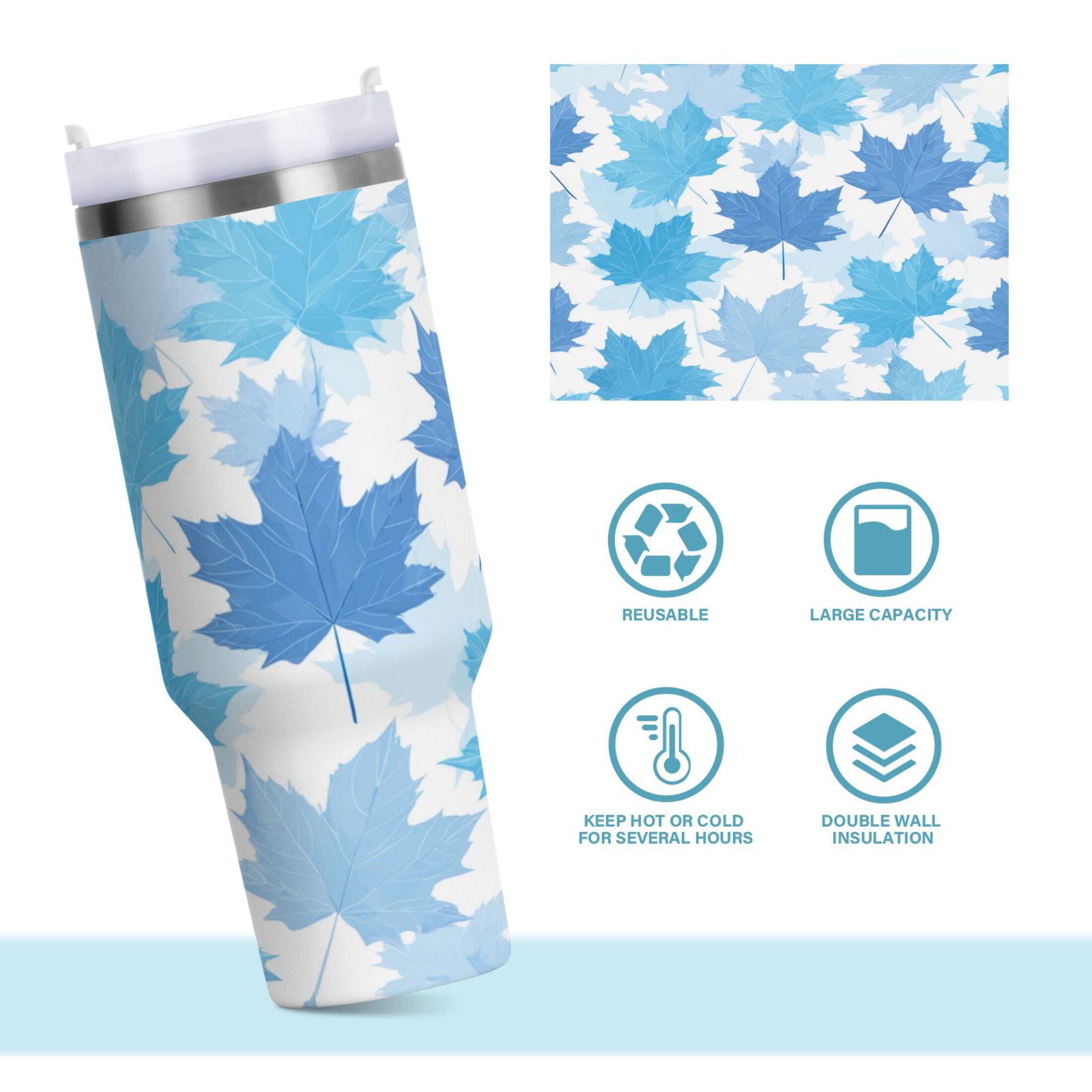 30 oz Insulated Stainless Steel Tumbler Double Wall Stainless Steel Tumbler with 2-Way Drinking Light Blue Maple Leaves U1HD