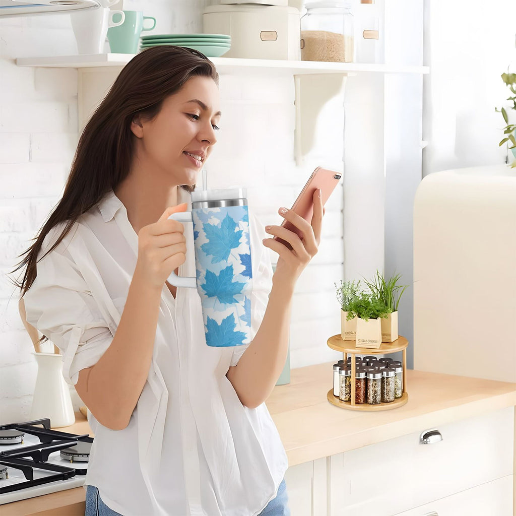 30 oz Insulated Stainless Steel Tumbler Double Wall Stainless Steel Tumbler with 2-Way Drinking Light Blue Maple Leaves U1HD