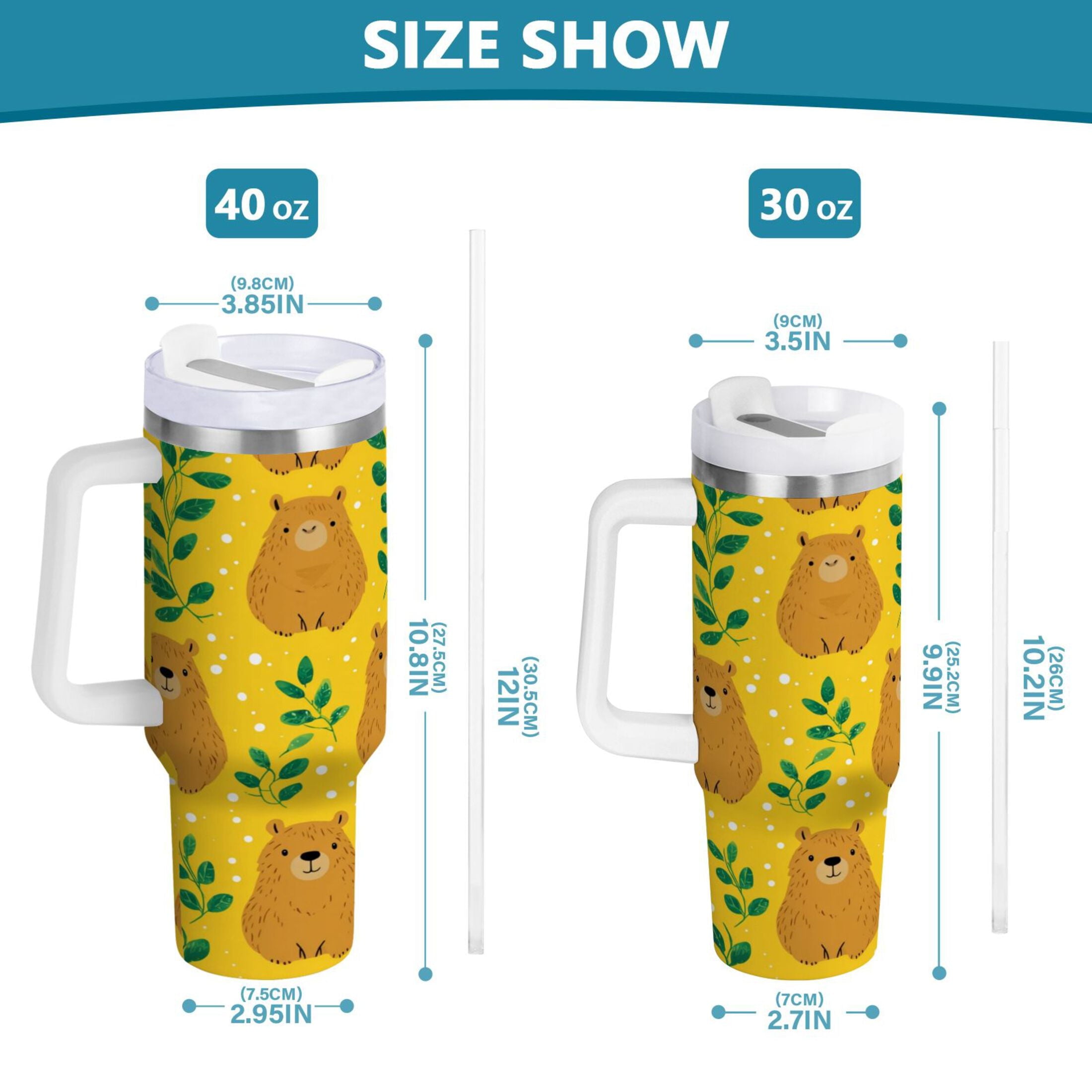 30 oz Insulated Stainless Steel Tumbler Double Wall Stainless Steel Tumbler with 2-Way Drinking Capybara and Green Leaves LZSI