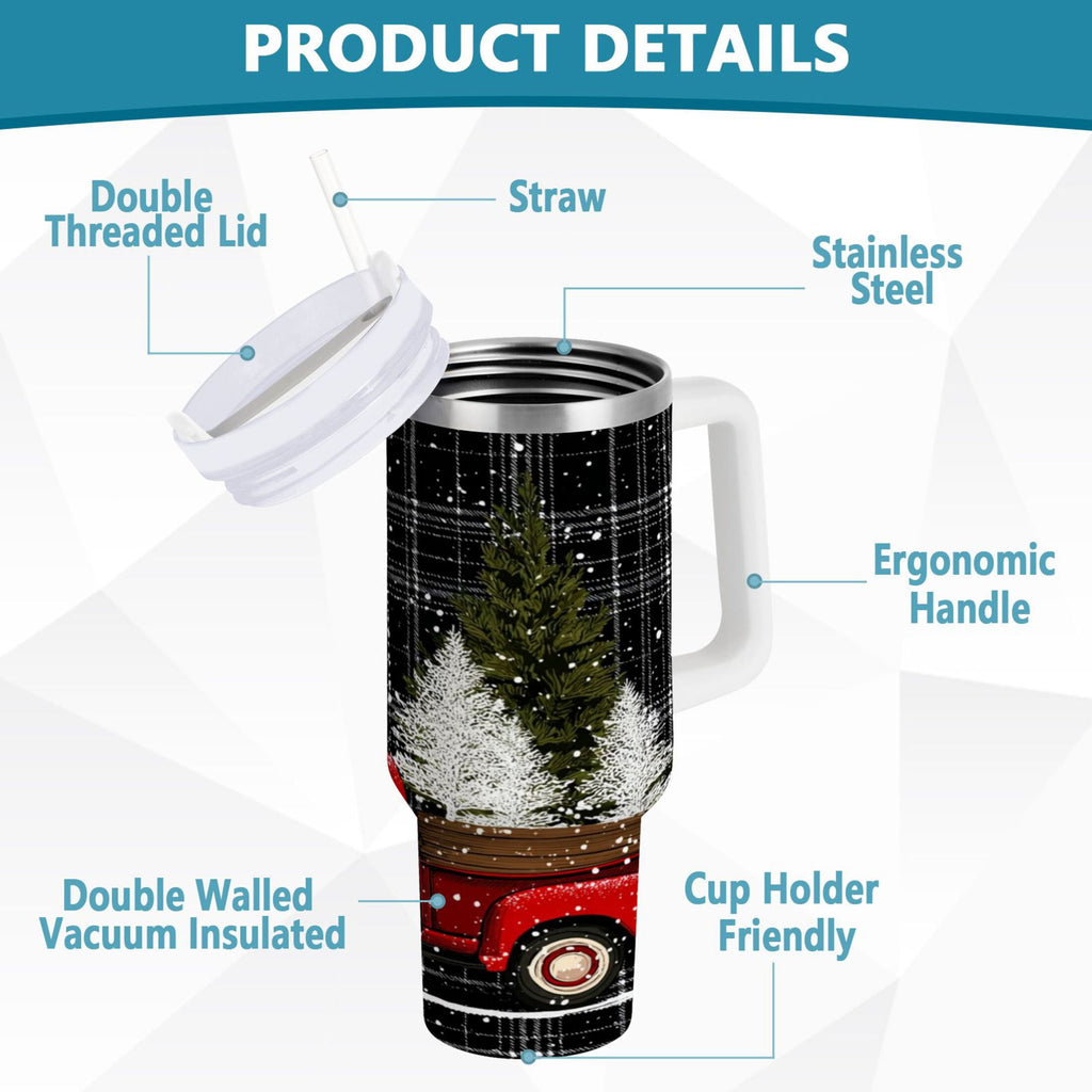 40 oz Insulated Stainless Steel Tumbler Double Wall Stainless Steel Tumbler with 2-Way Drinking Red Truck with Christmas Tree VV28